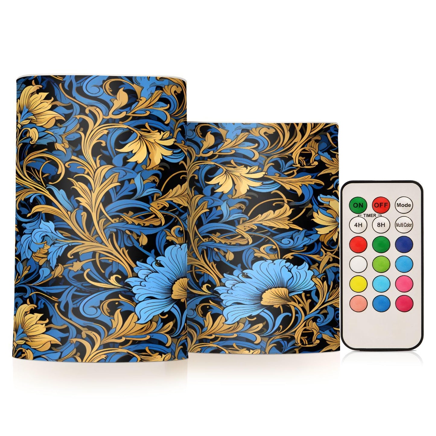 ALAZA Gold Navy Blue Floral01 Flickering Flameless Candles Battery Operated with Remote Timer,Tea Light Candles LED Pillar Votive Candles Set of 2 for Outdoor Indoor Decorations