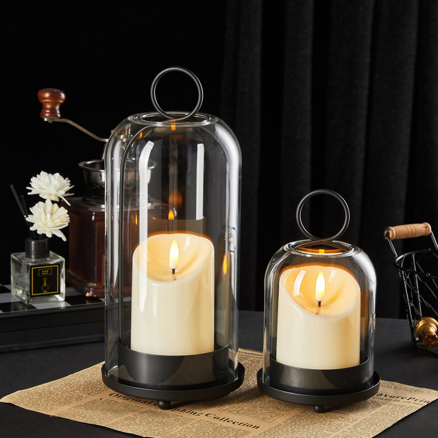 Ganwu 5"&4" Metal Candle Holder with Handmade Glass Dome in Brass & 2 Timer Candles, Set of 2 Versatile Hurricane Glass Candle Holders for Pillar Candles & Plants