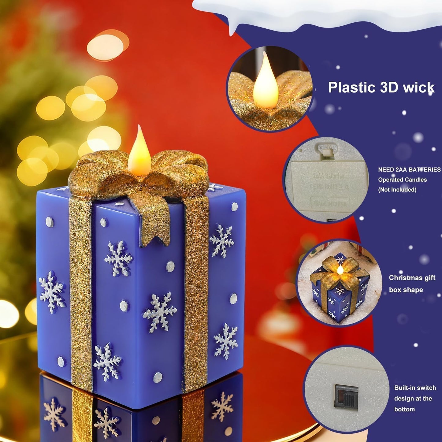 LCZLUMIPRO Christmas Flameless Gift Box Candle Hand-Painted Real Wax LED Candle with Remote Timer Battery Operated Blue Gold Decor for Xmas Tree Skirt Ornament Table Outdoor Indoor Holiday