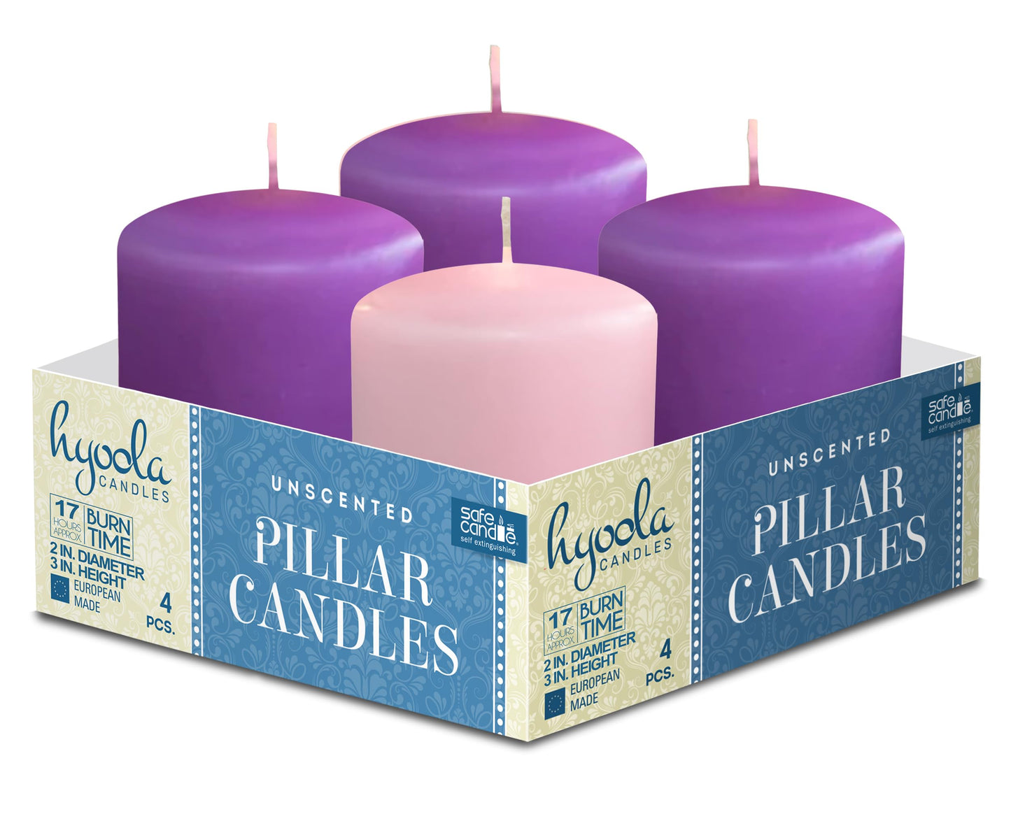 Hyoola Advent Candles Set of 4 - Unscented Pillar Candles 2x3 Inch - Made in Europe - Holiday & Advent Wreath Candles