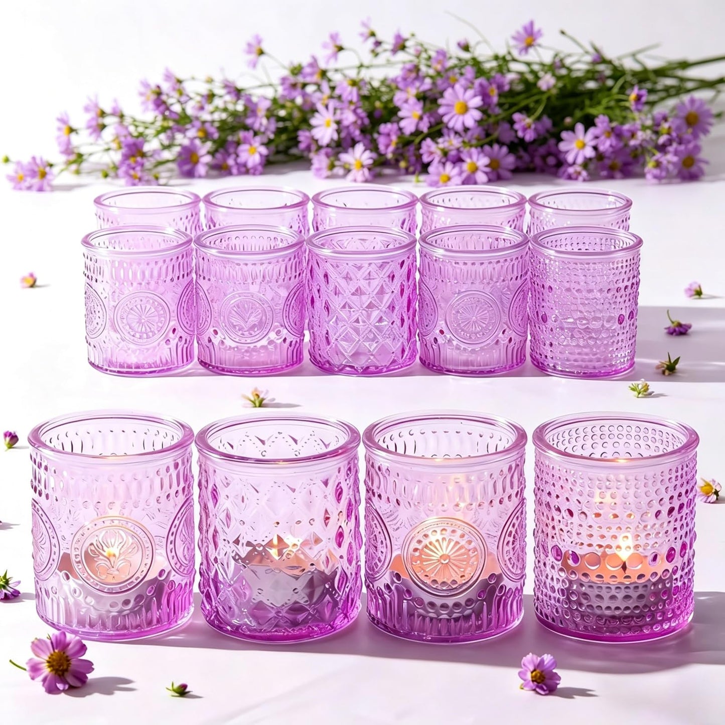 LETINE 16 Pack Purple Votive Candle Holders for Tea Lights Candles, Assorted Glass Candle Holder Bulk Set with 4 Patterns for Home Decor, Parties & Spring Summer Wedding Centerpieces