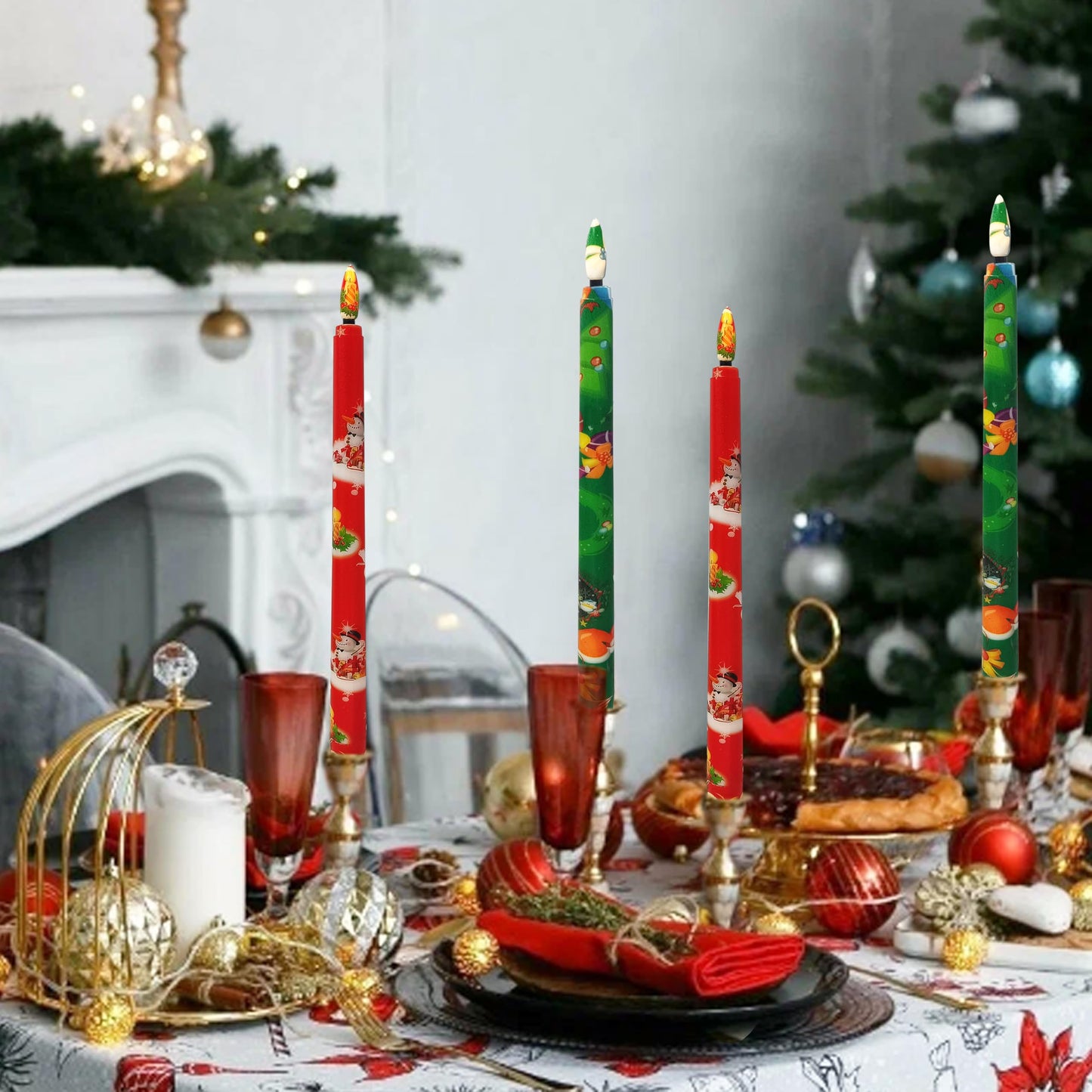 FCMSHAMD 6PCS Christmas Red Green Flameless Taper Candles, 11 Inch LED Candlesticks Battery Operated with 11-Key Remote and Timer, 3D Flickering Flame Lights for Wedding Party Home Decor Gifts