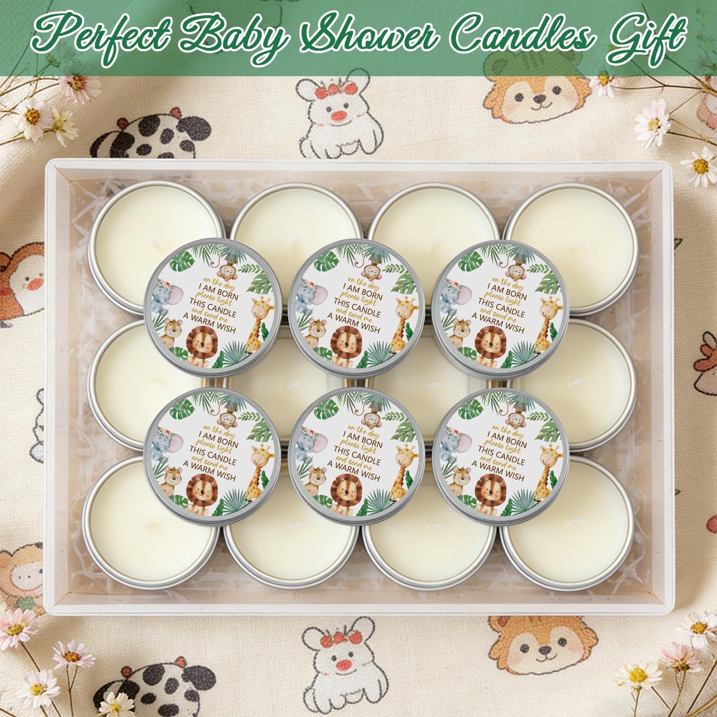Nlicrst 24Pcs Jungle Animal Baby Shower Party Candles, Lavender Scented Candles for Baby Shower Favors, Christening & Birthday Parties, Gender Reveal Return Gifts