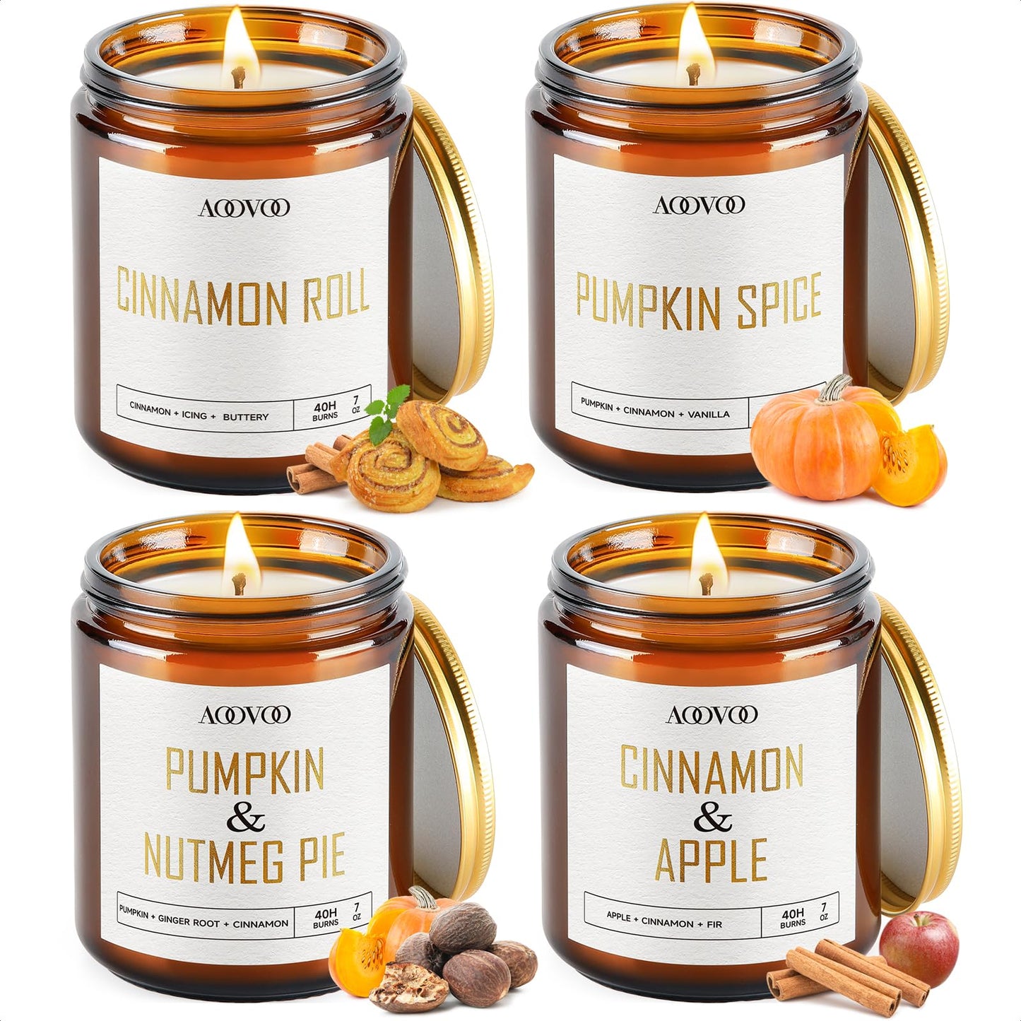 AOOVOO Fall Candles - 4 PC Scented Candle, 28 oz Soy Candles, Soy Candle for Home Scented,Cinnamon Roll/Cinnamon Apple/Pumpkin Nutmeg Pie/Pumpkin Spice
