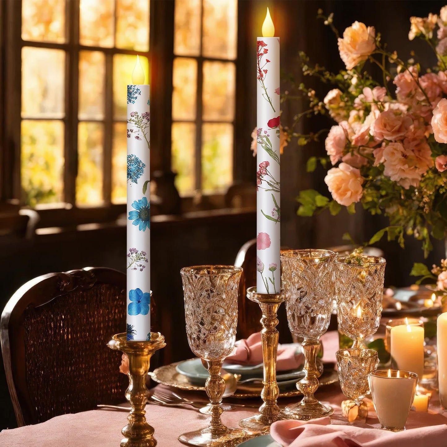 Nuanchu 6 Pcs Flower Flameless Candles 10. 6 '' LED Pressed Floral Pastel Taper Candle Battery Operated Flameless Taper Candlestick Dried Flower Candlestick for Home Wedding Summer Garden Party Decor