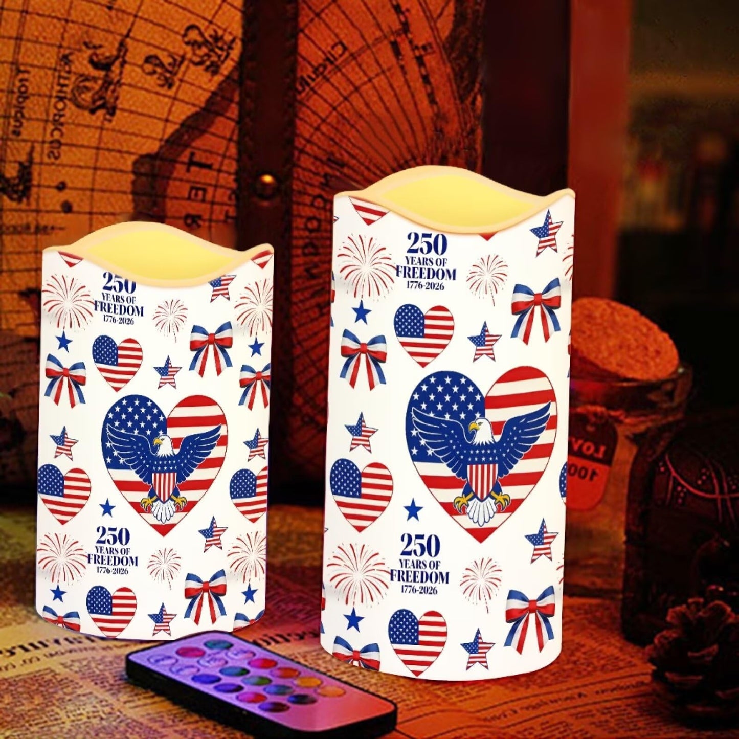 Uorisanigo 250th Anniversary of USA Independence Flameless LED Candles Star Stripes Battery Operated Fake Candles with Flicker Patriotic Candles 4th of July Outdoor Garden Display Set of 4