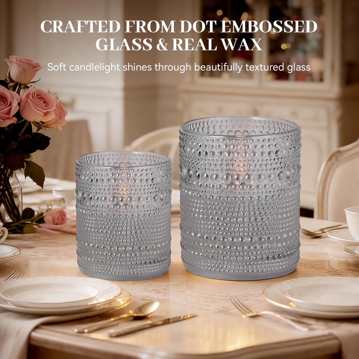 Velsyn Dotted Glass Flameless Candles with Remote Timer, Real Wax Battery Operated LED Pillar Candles with 3D Flickering Flame for Festival Wedding Home Party Decor, 3" x 4", 4" x 5", Set of 2 (Gray)