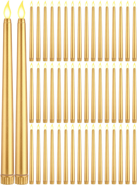 Funtery 48 Pcs Flameless LED Taper Candles Battery Operated Candles Bulk Realistic LED Candlesticks Flickering for Wedding Church Graduation Party Home Decor(Gold,Classic Style)