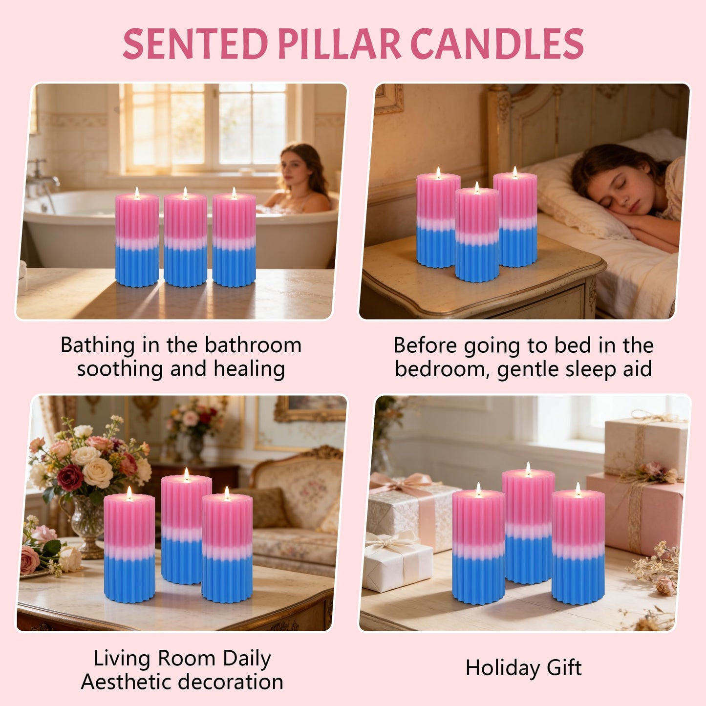 Ribbed Pillar Candles Set of 3 Width 3" High 6" 100% Cotton Core Paraffin Wax Floral & Fruity Scented Candles for Bathroom Living Room Home Decor, 70H+ Long Burning Time|1PC Aromatherapy Candle