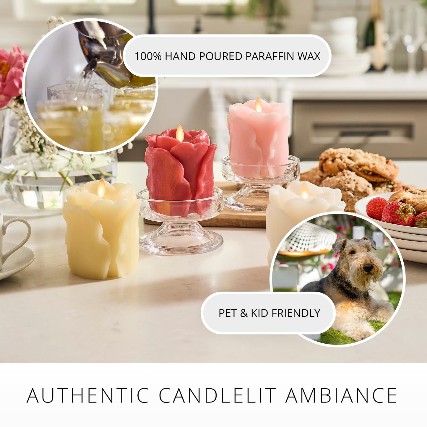 Luminara Snow White Rose Flameless Candle - 3.6" x 4.3" Rosebud Pillar - Real Flame Technology w/Flickering LED Light - Perfect for Mother's Day