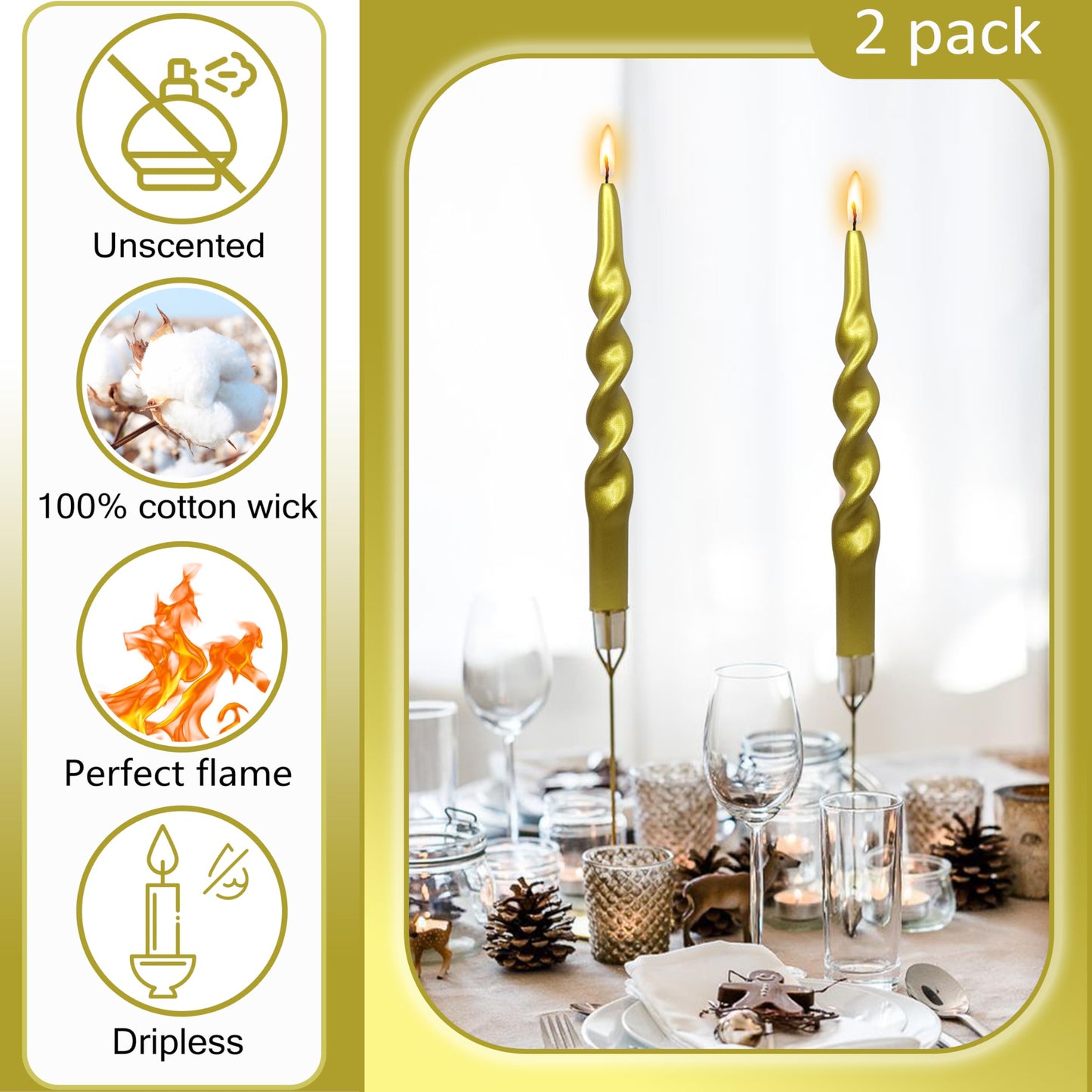 Metallic Twisted Taper Candles Set of 2 10 Inch Christmas Twisted Long Golden Candles for Halloween Christmas Home Dinner Party Wedding