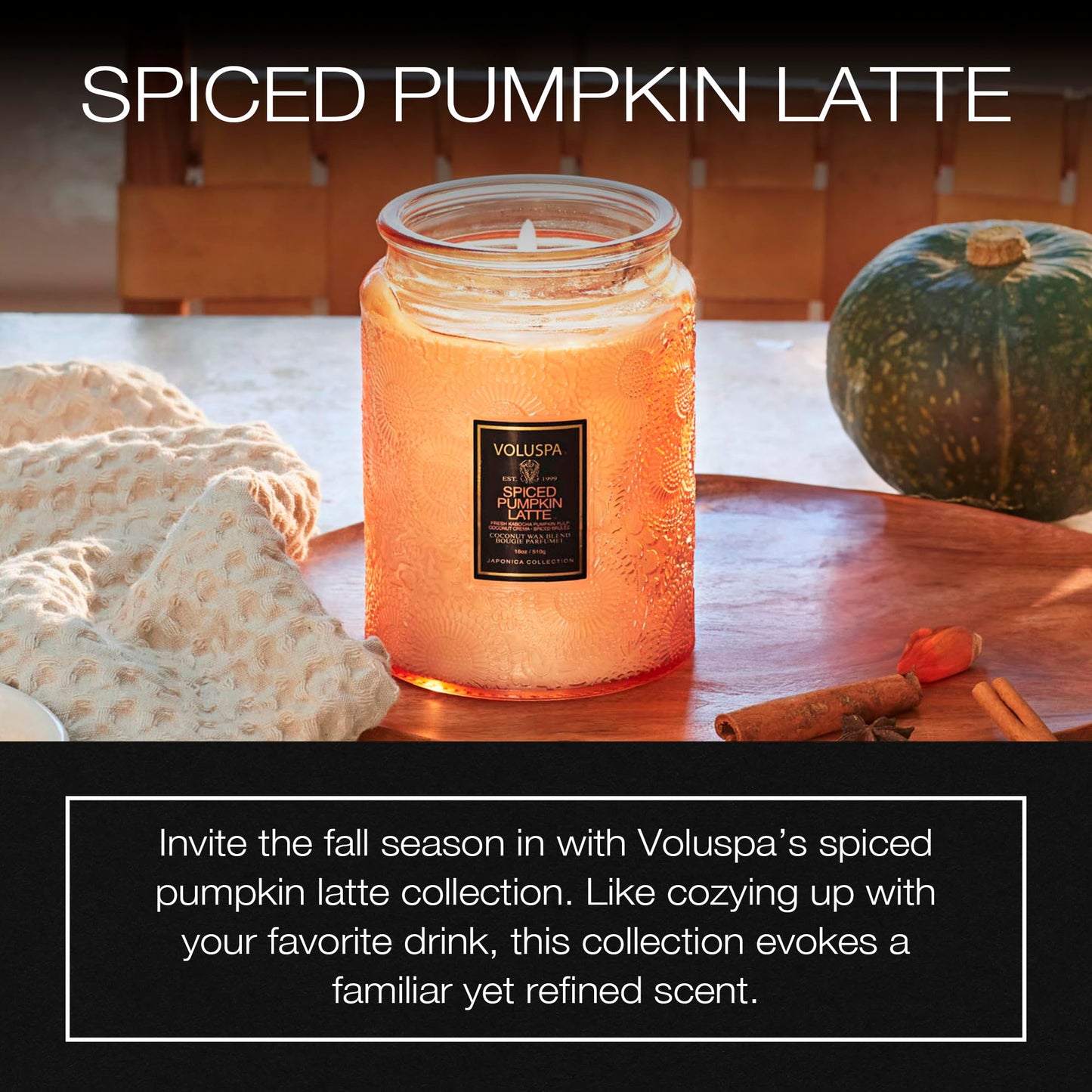 Voluspa Spiced Pumpkin Latte, Large Candle Jar, 18 oz, 100 Hour Burn Time, All Natural Wicks and Coconut Wax for Clean Burning, Vegan, Poured in the USA