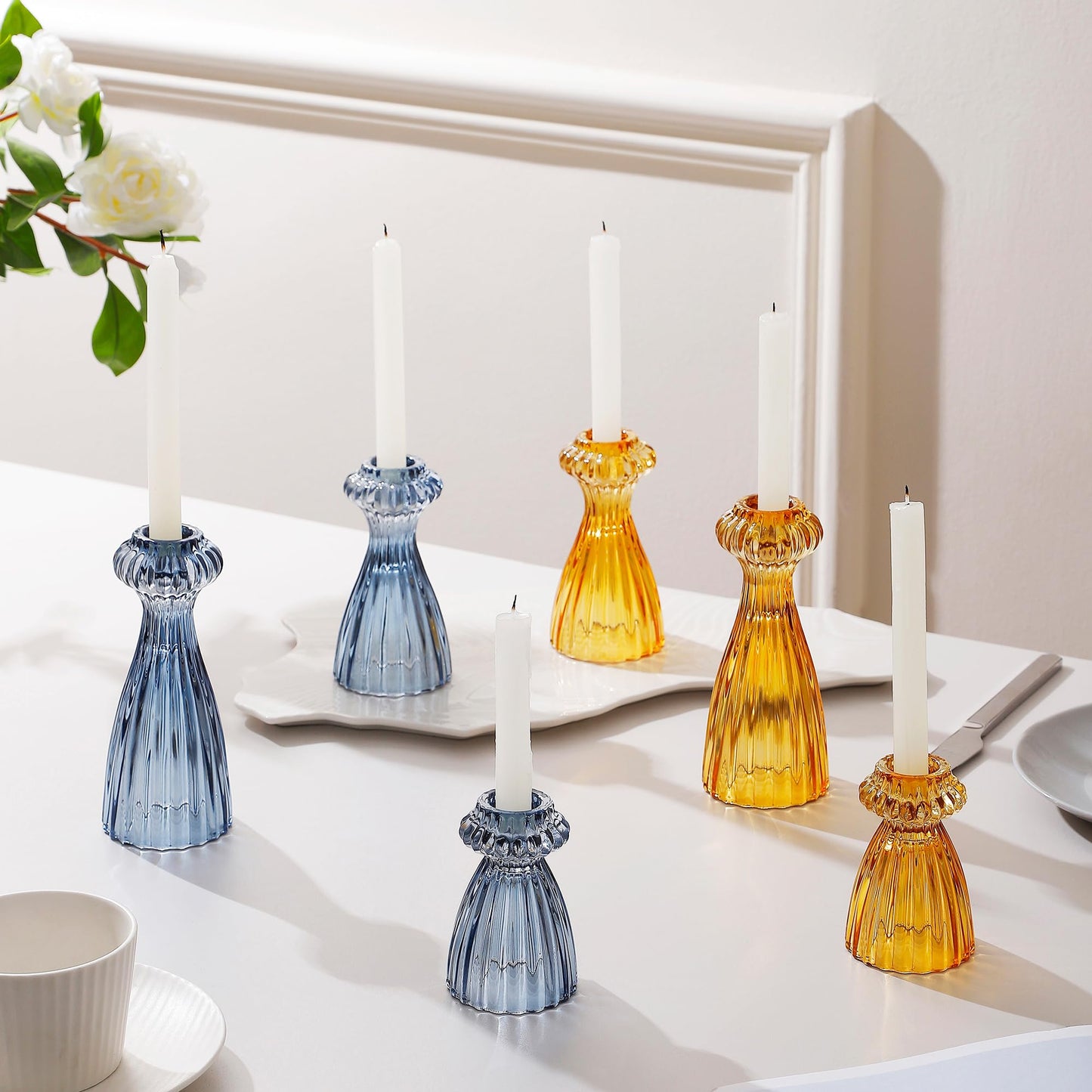 Lysenn Glass Candle Stick Holder Set of 3 – Premium Taper Candle Holders for Romantic Ambiance - Candle Sticks Holder Decor for Special Occasions - Dark Blue