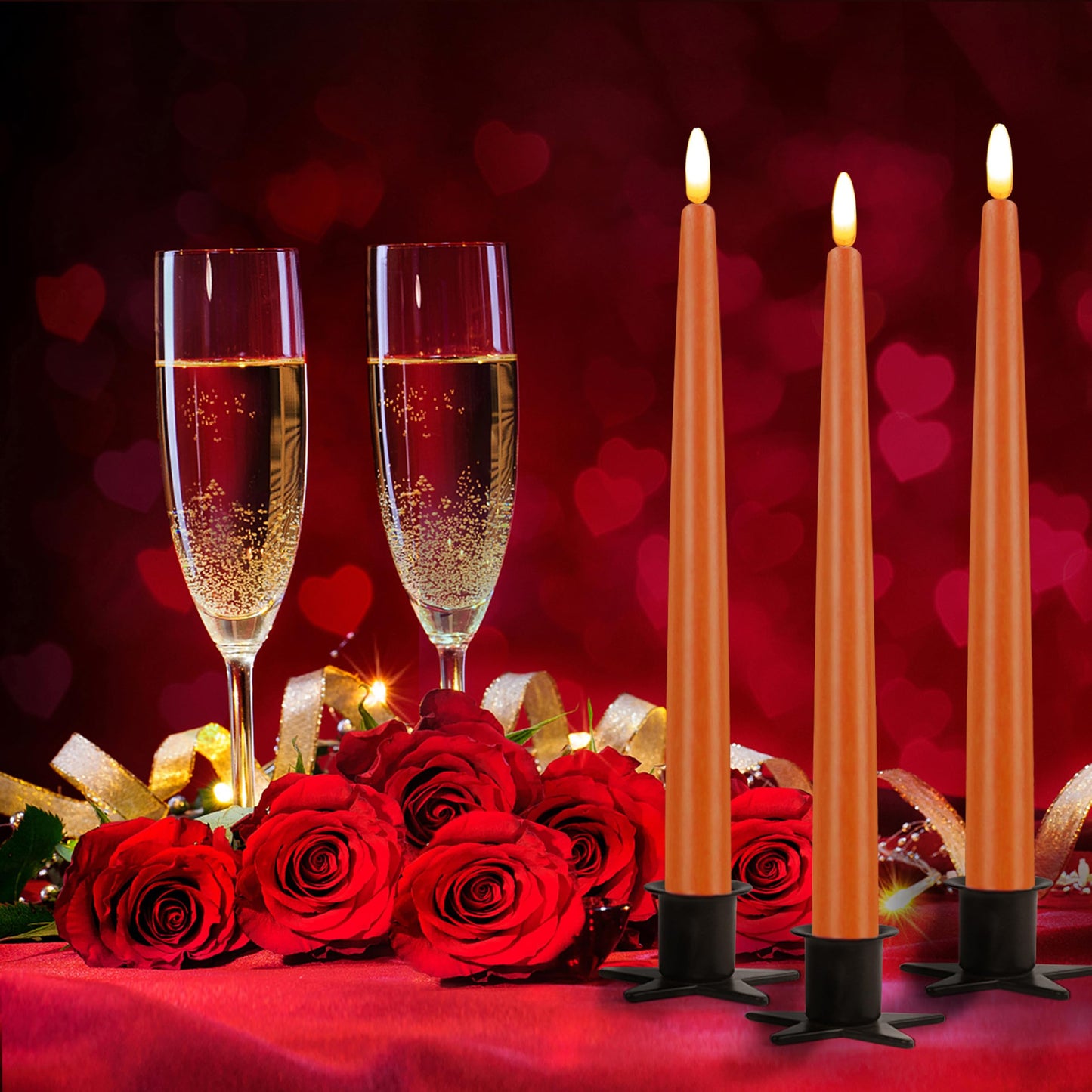 CVHOMEDECO. Flameless Taper Candles with 10-Key Remote, Battery Operated Led Flickering 3D Wick Window Candles Real Wax Finished Home Christmas Party Decor 0.78 x 11 Inch, Pack of 3, Orange