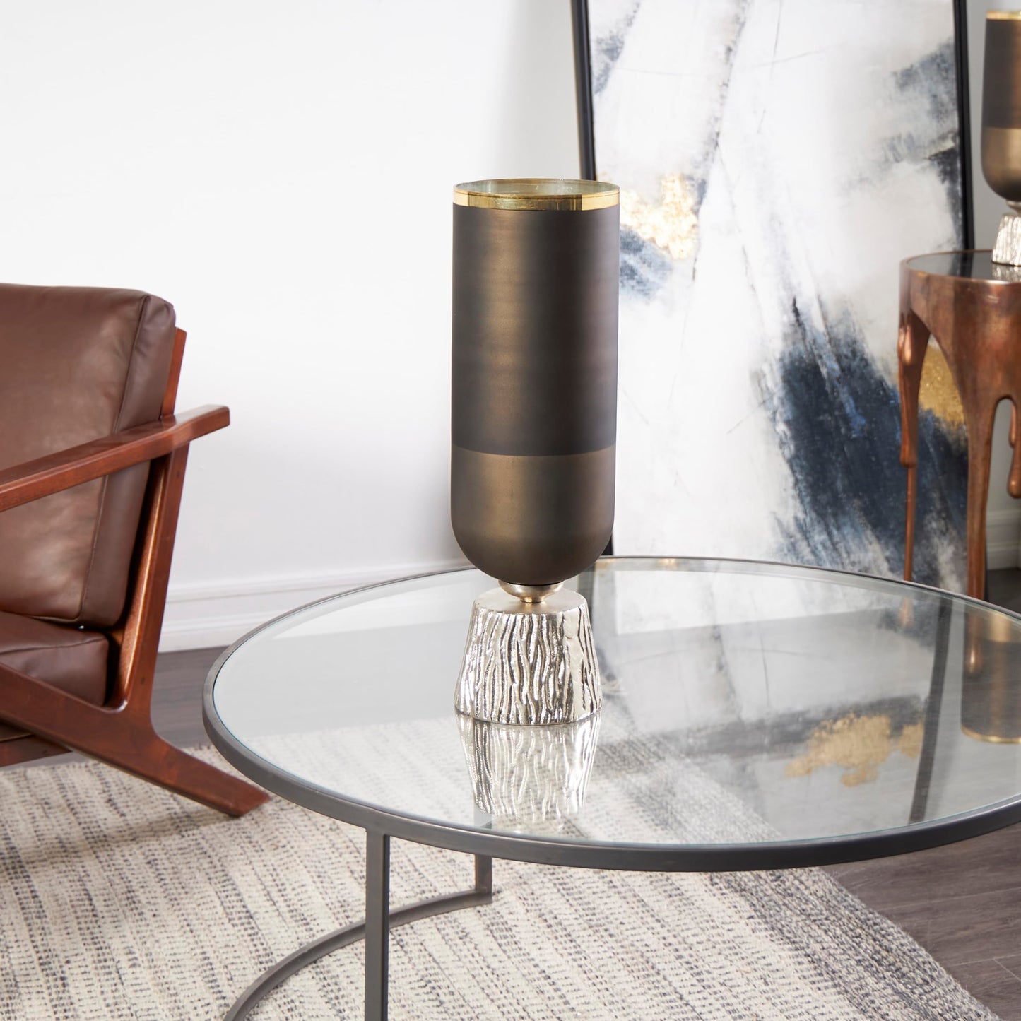 Deco 79 Glass Colorblock Candle Holder with Gold Accents and Textured Silver Base, 6" x 6" x 20", Bronze