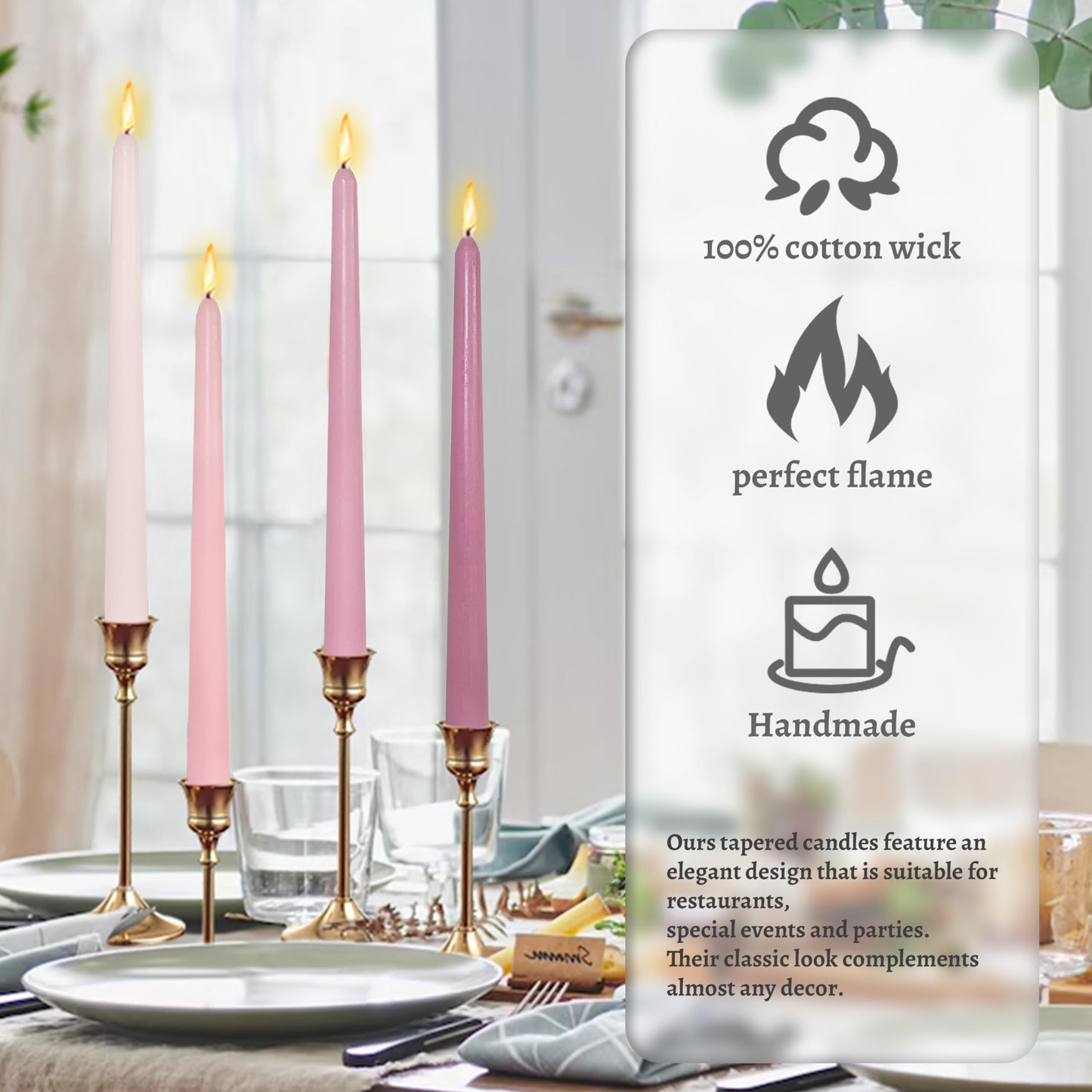 Dripless Handmade Gradient Pink Taper Candlesticks Rose Scented Long Lasting Smokeless Aromatherapy Candles 10 Inch Elegant Tall Candlesticks for Home Décor Wedding Gift