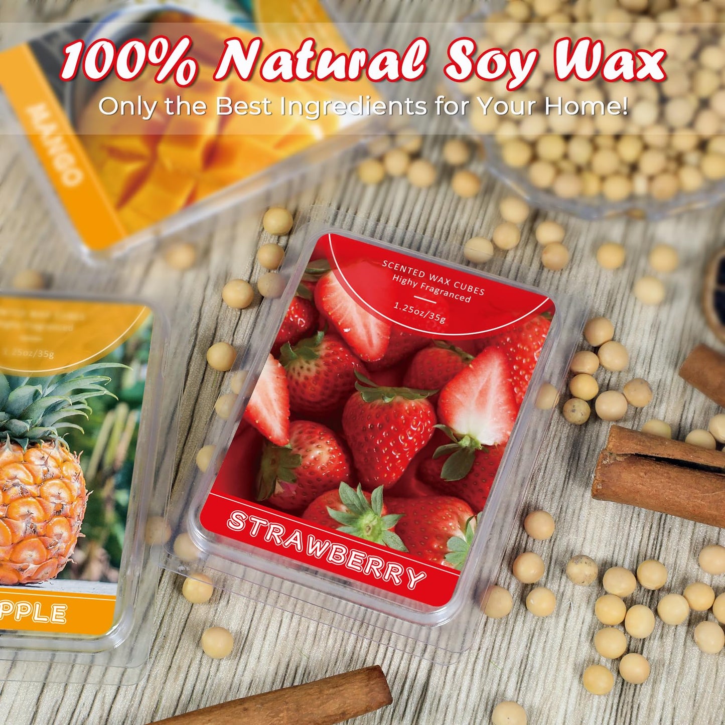 SCENTORINI Wax Melts, Scented Wax Cubes Strong Scent, Summer Scents Soy Wax for Wax Warmer - Pineapple, Watermelon, Strawberry, Mango, Passion Fruit, Mint, 6 Pack