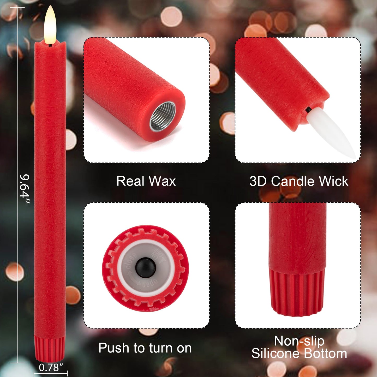 AFINETH Red Flameless Taper Candles with Rmote, 9.6" Real Wax Battery Operated Candles with 3D Wick, 3 Pack Christmas Led Candlesticks for Table, Home, Wedding, Party, Xmas Decor