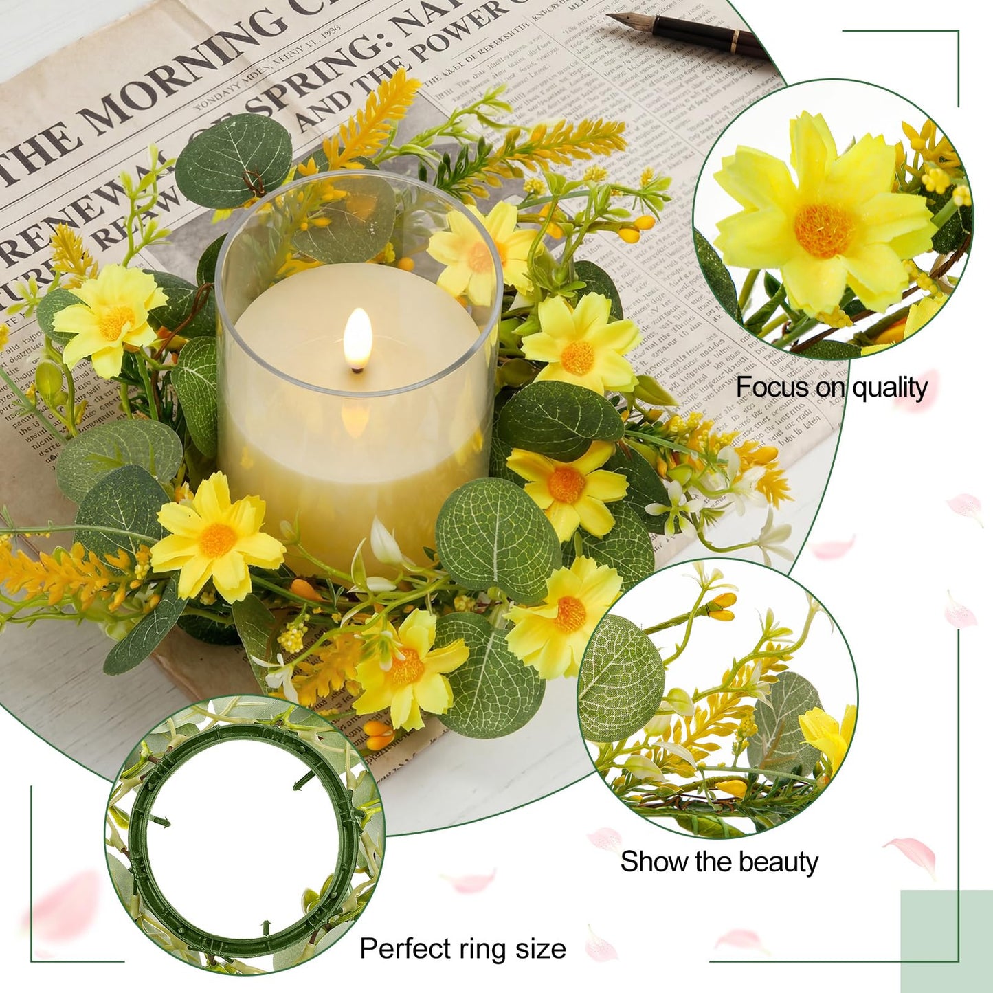 Yunlly 4 Pcs Artificial Daisy Candle Rings Wreaths, Yellow Flower Wreaths with Eucalyptus and Berry Greenery Garland with LED Flameless Candles for Spring Summer Easter Wedding Home Table Decor