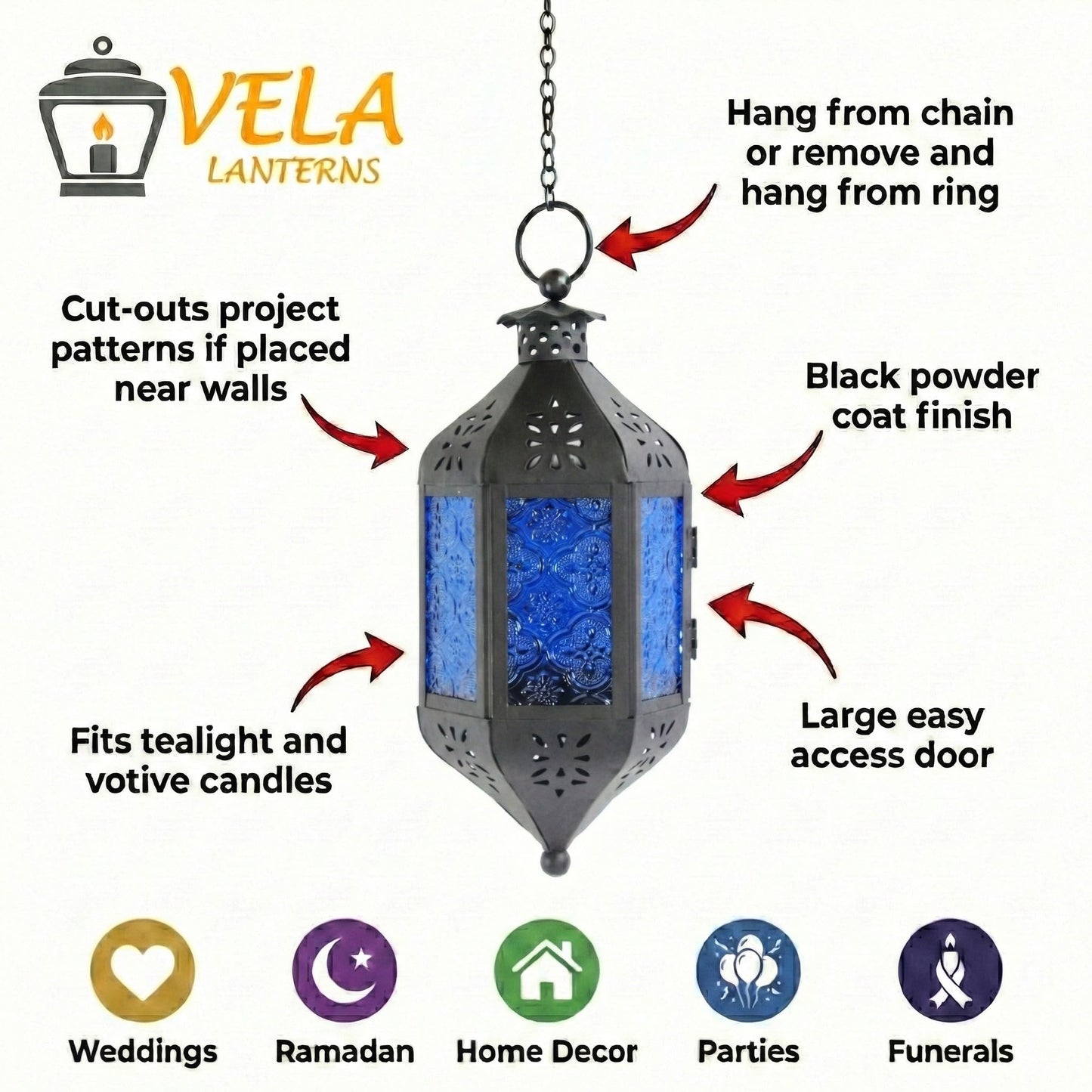 Vela Lanterns Hanging Moroccan Lamp - Exotic Decorative Patio & Porch Decor, Indoor Outdoor Tea Light Candle Lantern Holder with Chain (11" Medium, Cobalt Blue Glass)