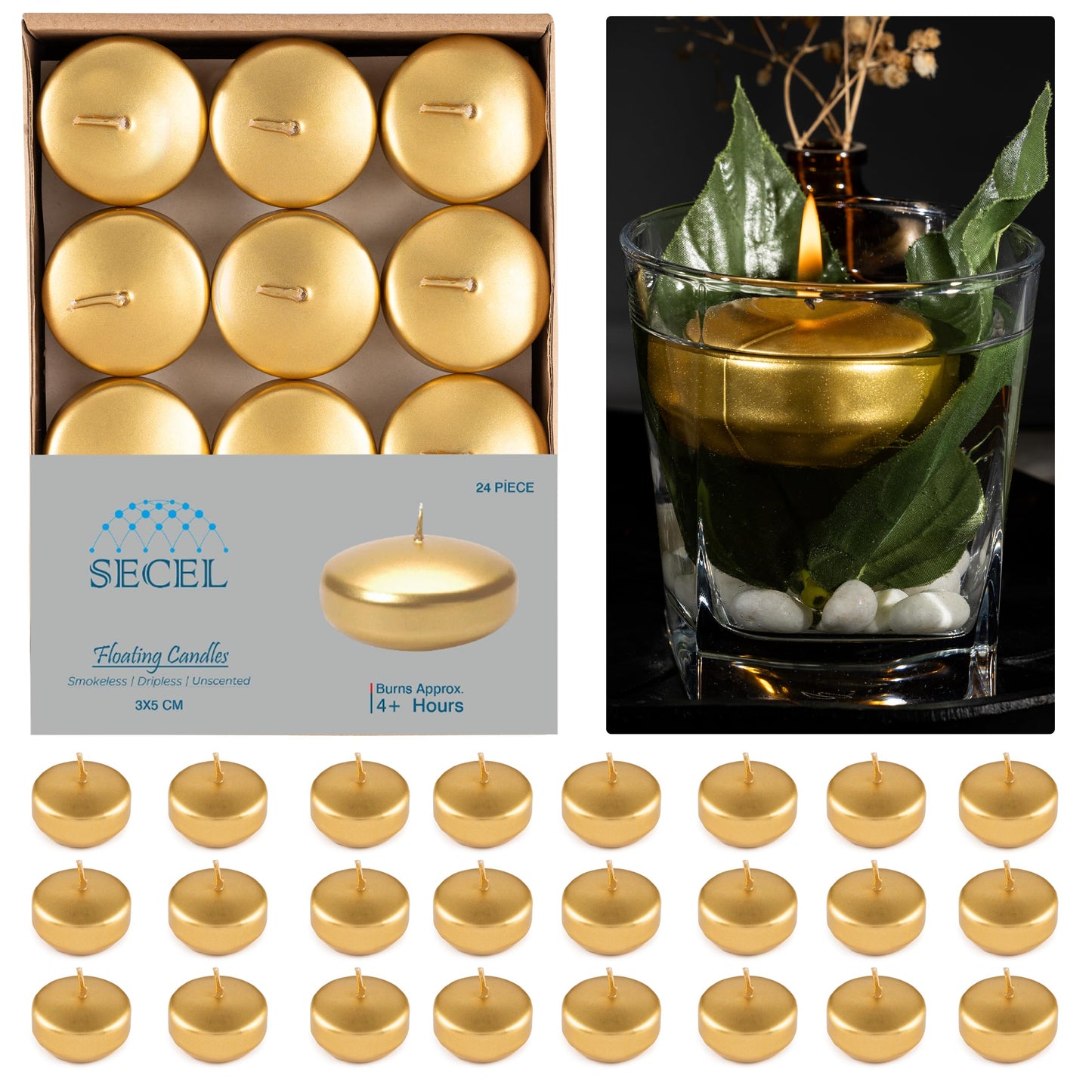 SECEL Pack of 24 Floating Candles 2 Inch 4+Hours Paraffin Wax%100 Cotton Wick Dripless & Smokeless Home Decor, Wedding Decorations, Valentine Decors, Birthday Dinners, Celebrations