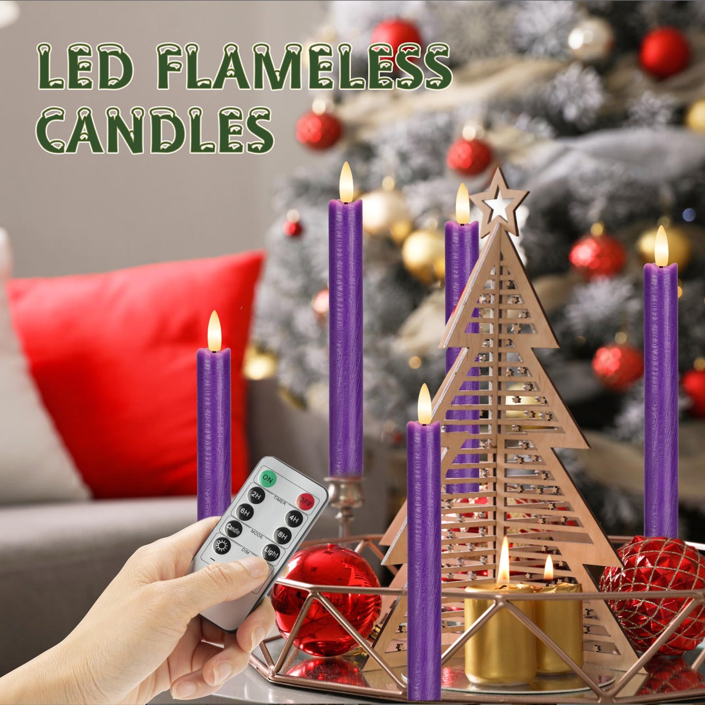 AFINETH Purple Flameless Taper Candles with Remote, 3 Pack Real Wax Battery Operated Candles, 9.6 Inch Flickering Led Christmas Candlesticks Decorations for Winter Home Holiday Xmas Gift
