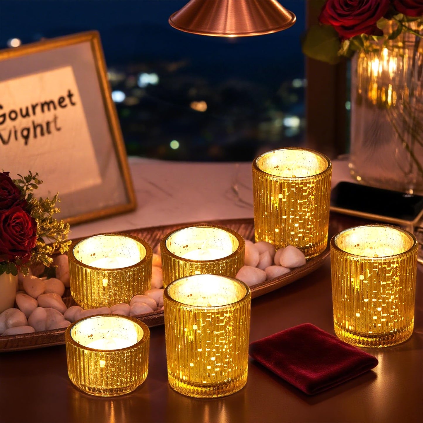 IMAGE Votive Gold Candle Holders, Elegant Glass Tea Light Holder for Weddings, Diwali, Home Decor, Shower, Party & Gift (12)