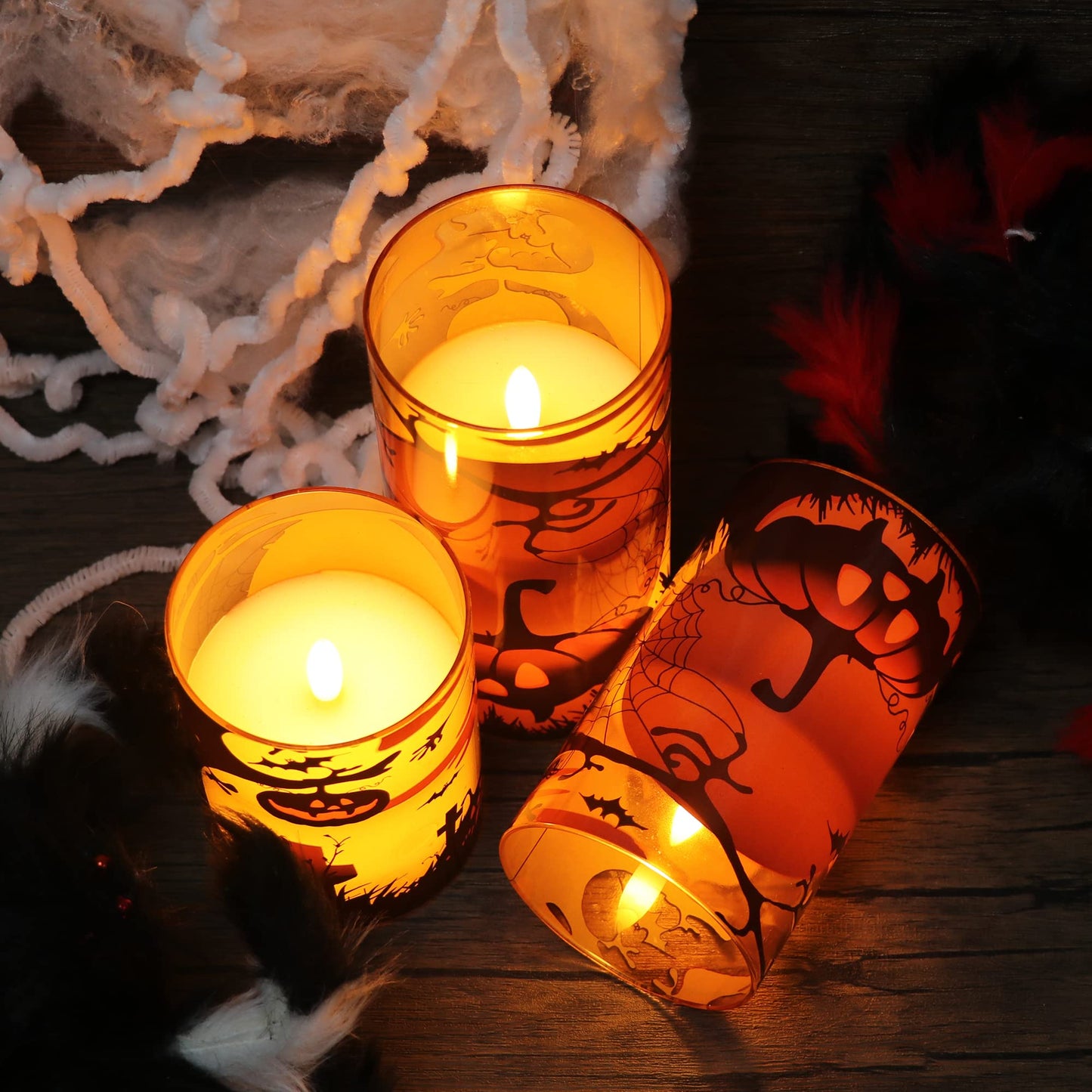 GenSwin Halloween Candles with Pumpkins, 3 Pack Flameless Candles with Remote Timer, Orange Pumpkin Glass Candles Battery Operated with Spiderweb, Halloween Spooky Indoor Decorations (D3” x H4”5”6”)
