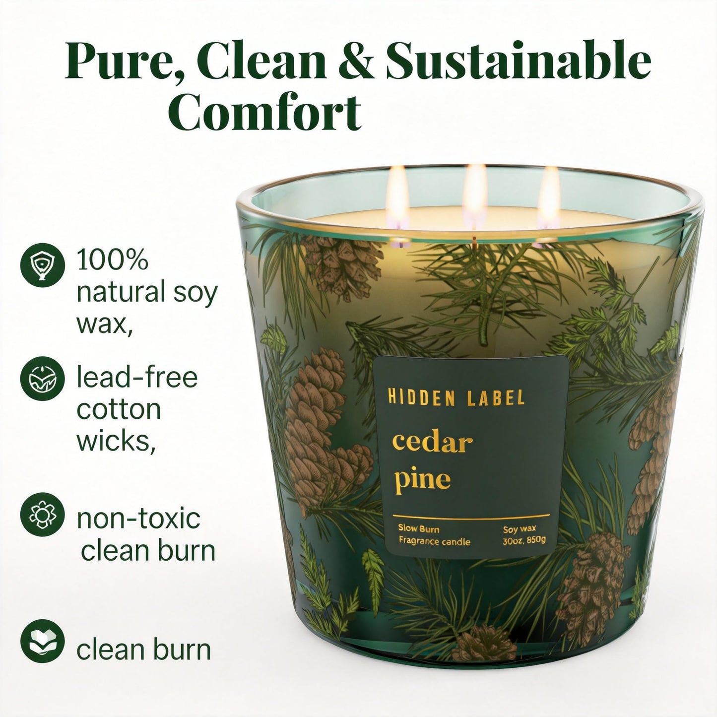 Cedar Pine Scented Candle, 30oz Natural Soy Wax, 3 Wick Large Winter Forest Candle for Home, 100+ Hours Clean Burn, Fresh Cut Christmas Tree Aroma for Holiday Decor, Stress Relief & Gifting