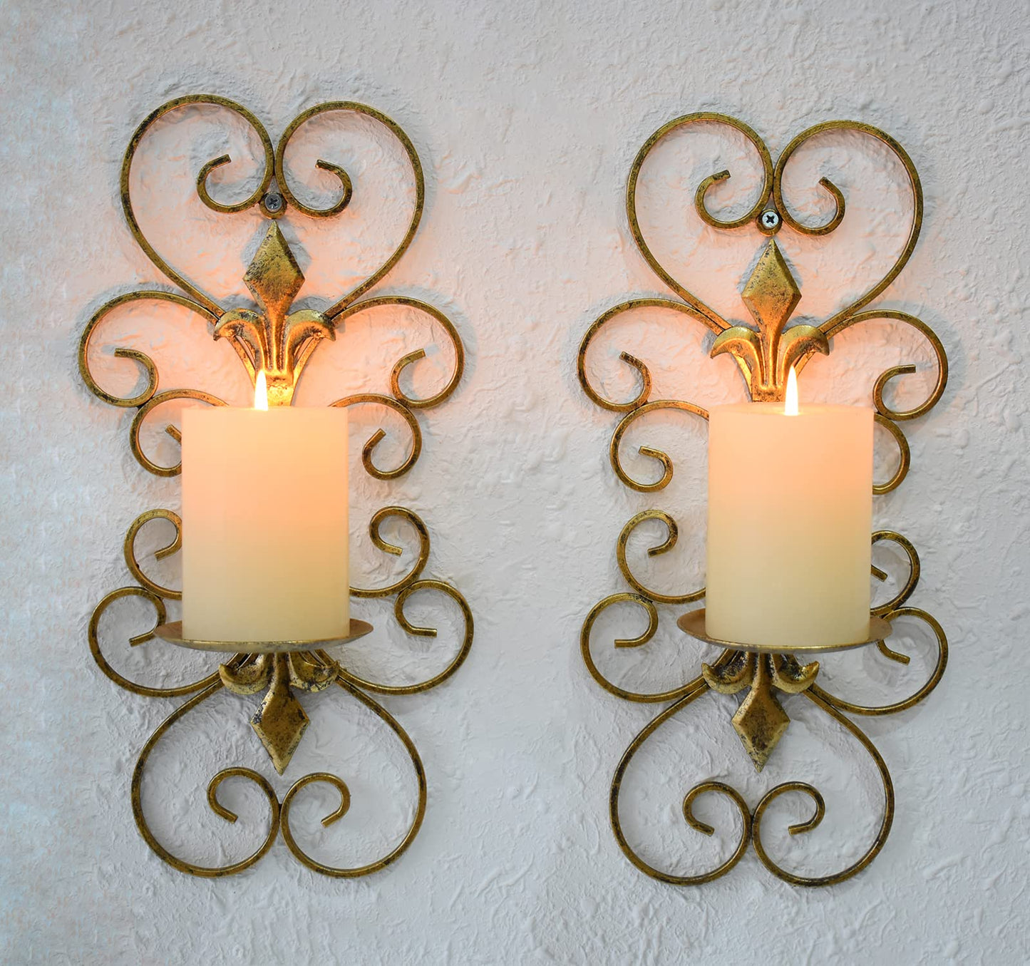 JUCONSIN Set of 2 Wall Sconces Candle Holders Metal Wall Decoration Hanging Wall Mounted Candle Sconces for Home Decor Bedroom Dining Room, Antique Gold