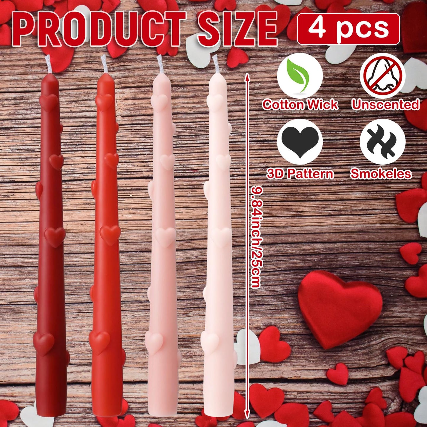 Nuanchu 4 pcs Valentine Heart Taper Candles 3D Heart Pillar Candles 10 Inch Red Pink Long Tapered Candlesticks Unscented, Smokeless, Dripless for Birthday Christmas Dinner Wedding Party Home Decor