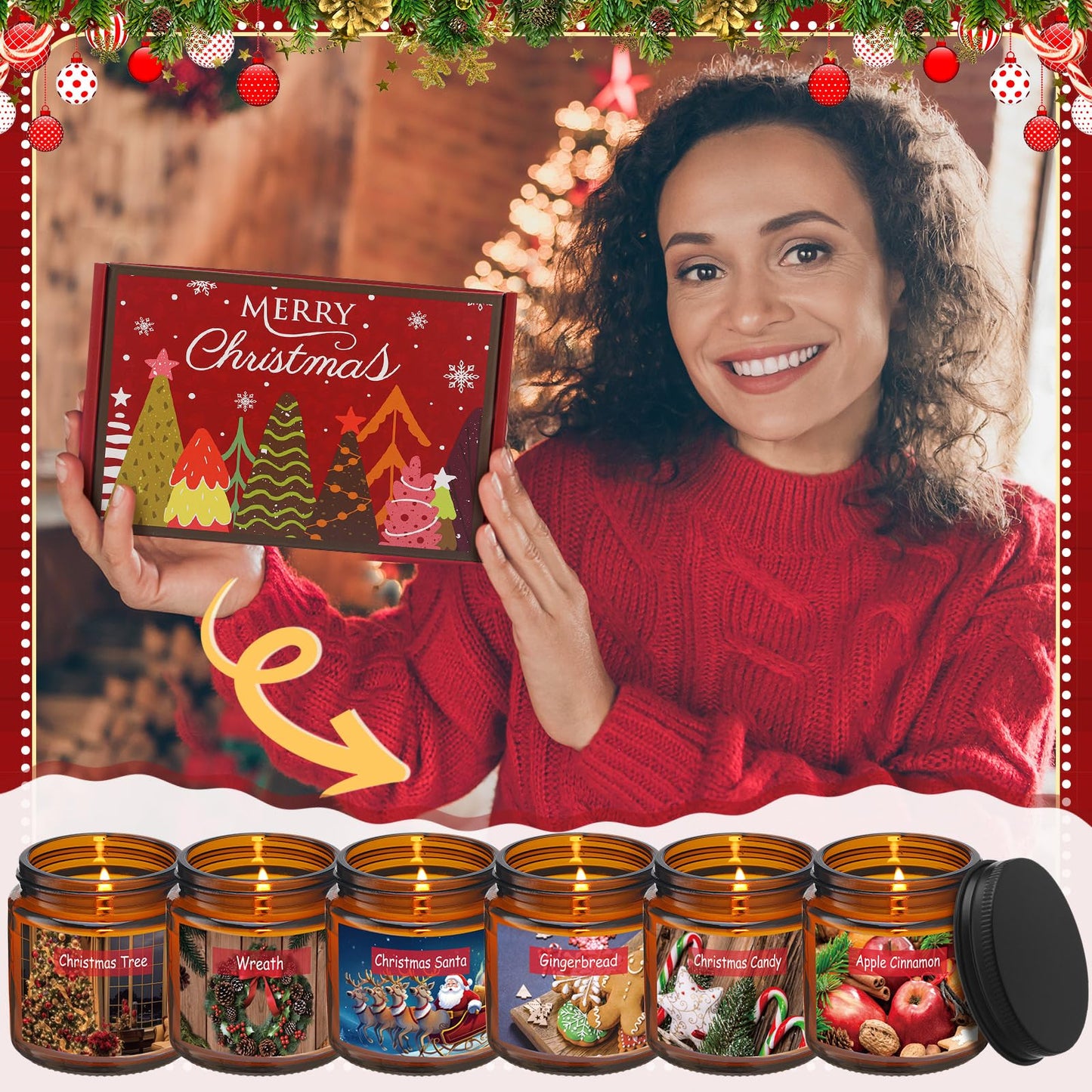Conelist 6 Pcs Christmas Candle Set Scented Candle Gift Set Christmas Tree, Cookies, EVE, Apple, Candy, Wreath Gift for Women and Men