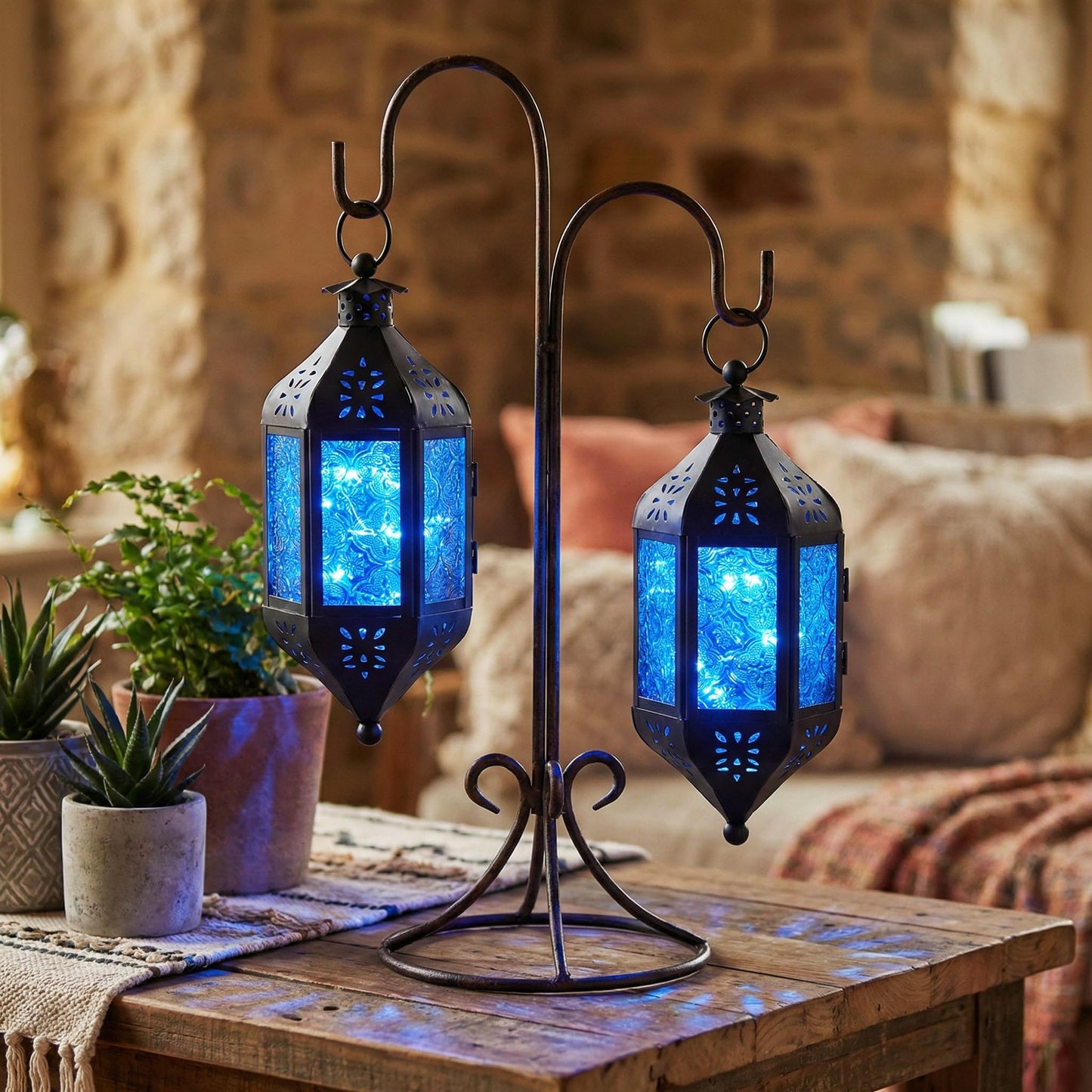 Vela Lanterns Hanging Moroccan Lamp - Exotic Decorative Patio & Porch Decor, Indoor Outdoor Tea Light Candle Lantern Holder with Chain (11" Medium, Blue Glass, 3-Pack)