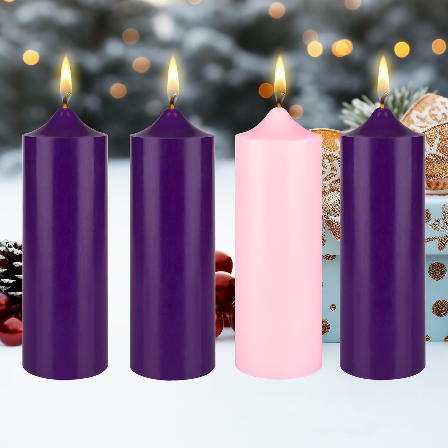 Mega Candles 4 pcs Unscented Christmas Advent Candles Set, Hand Poured Premium Wax Bell Top Round Pillar Candle 3 Inch x 9 Inch, Holidays, Festivities, Devotional, Church, Wreath, Party, Gifts