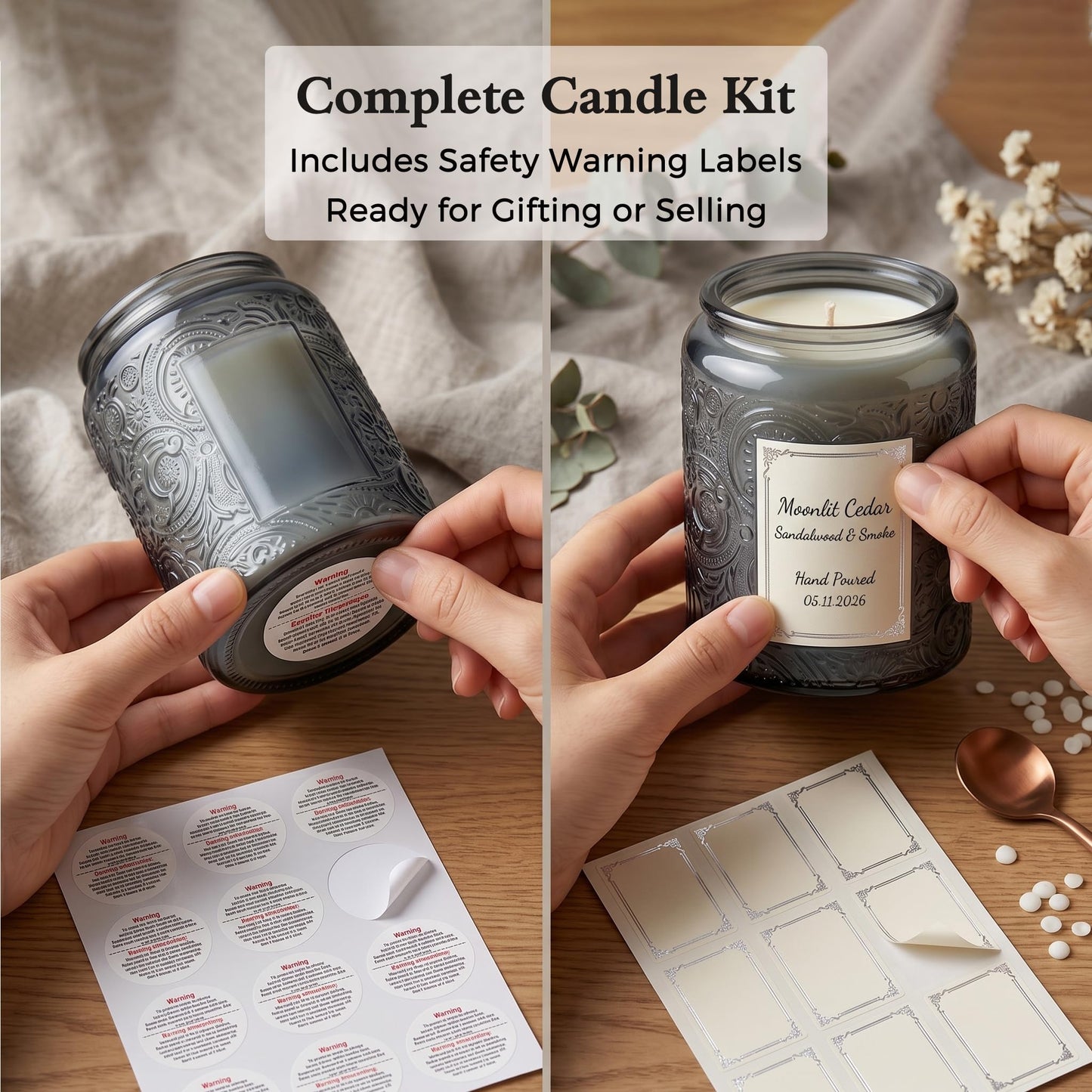 9-Pack 8oz Embossed Glass Candle Container with Bamboo Lids and Labels, Gray Candle Jars for Making Candles, Sun Moon Star Design