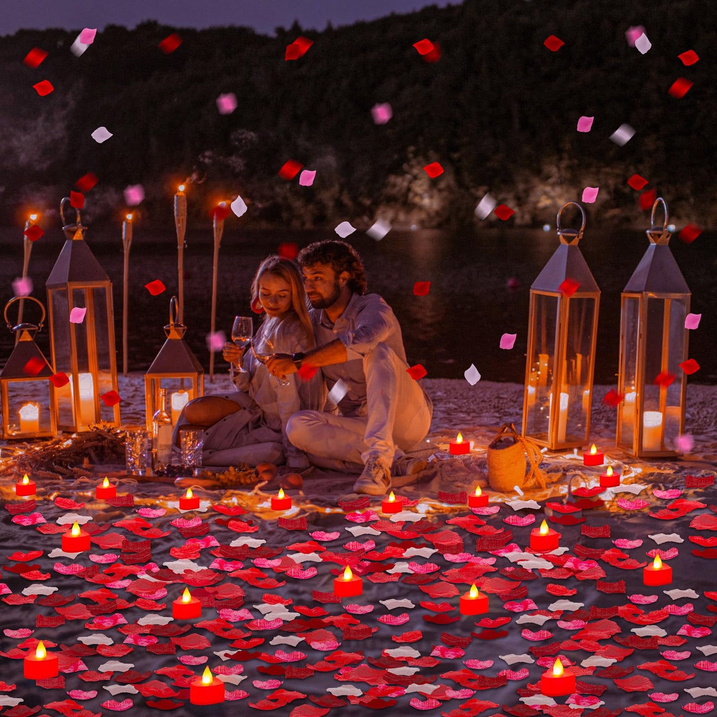 Coume 6000 Pieces Artificial Rose Petal 72 Pieces LED Tealights Candle, Romantic Decorations Special Night Rose Petal Heart Candle for Valentines Wedding Anniversary Proposal Decor(Cute Red Light)