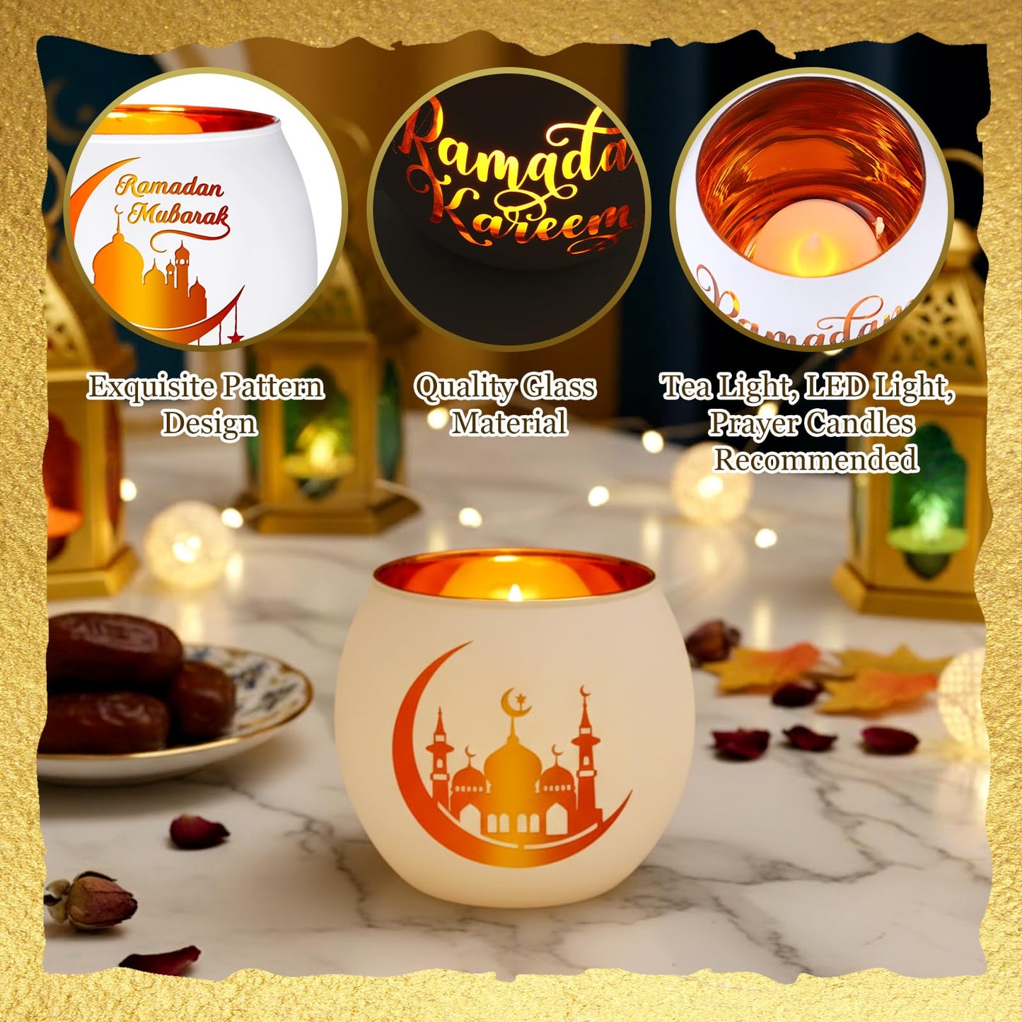 FoldTier 6 Pcs Ramadan Table Decor Ramadan Mubarak Candle Holders Glass Eid Mosque Decoration Votive Tealight Candle Holders for Muslim Gift Tabletop Centerpieces Islamic Party Home Decoration