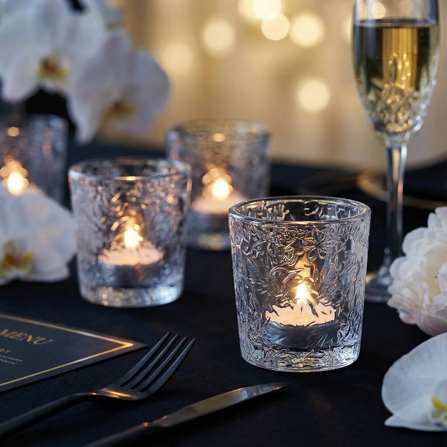 6 Pack Hummingbird Embossed Glass Candle Holders Votive Tealight Holders with Patent Design, Decorative Cups for Wedding Centerpieces, Parties, and Home Decor (Crystal Clear)