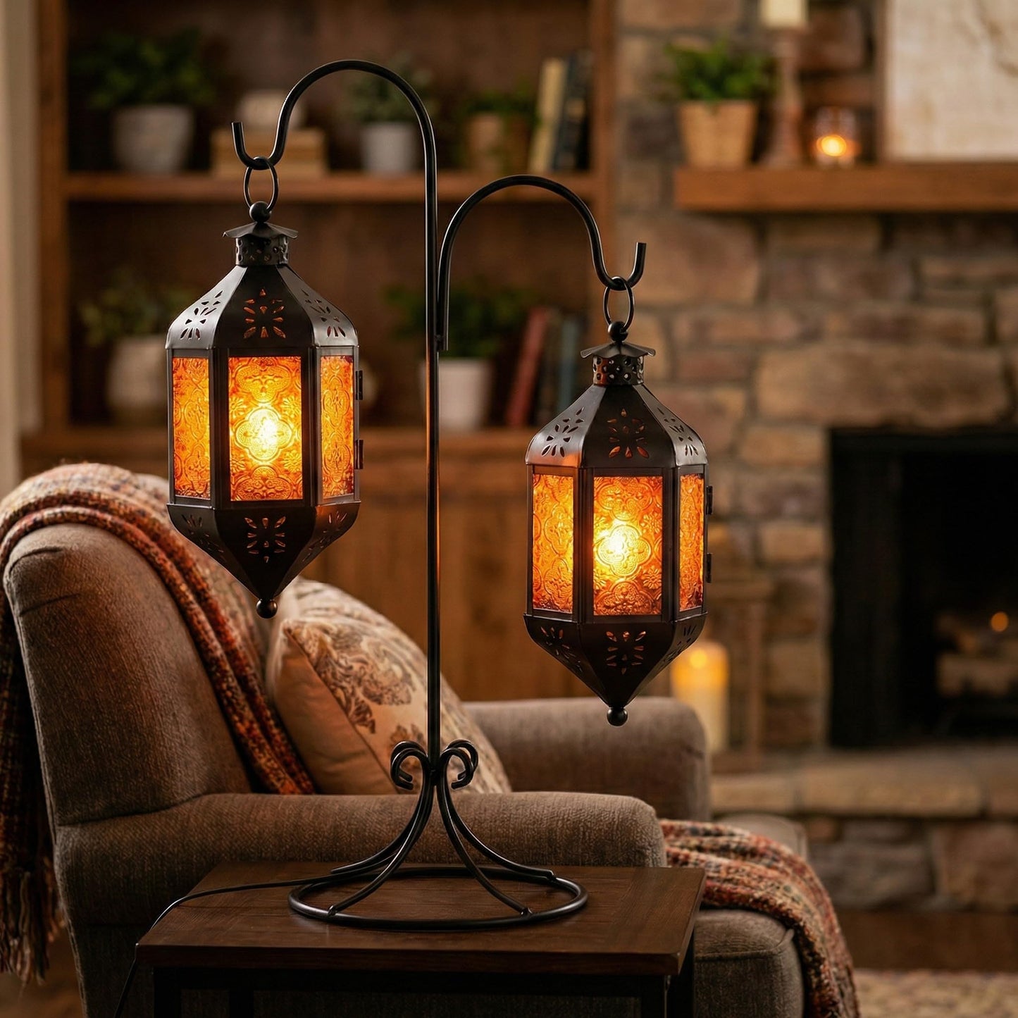 Vela Lanterns Hanging Moroccan Lamp - Exotic Decorative Patio & Porch Decor, Indoor Outdoor Tea Light Candle Lantern Holder with Chain (11" Medium, Amber Glass, 3-Pack)