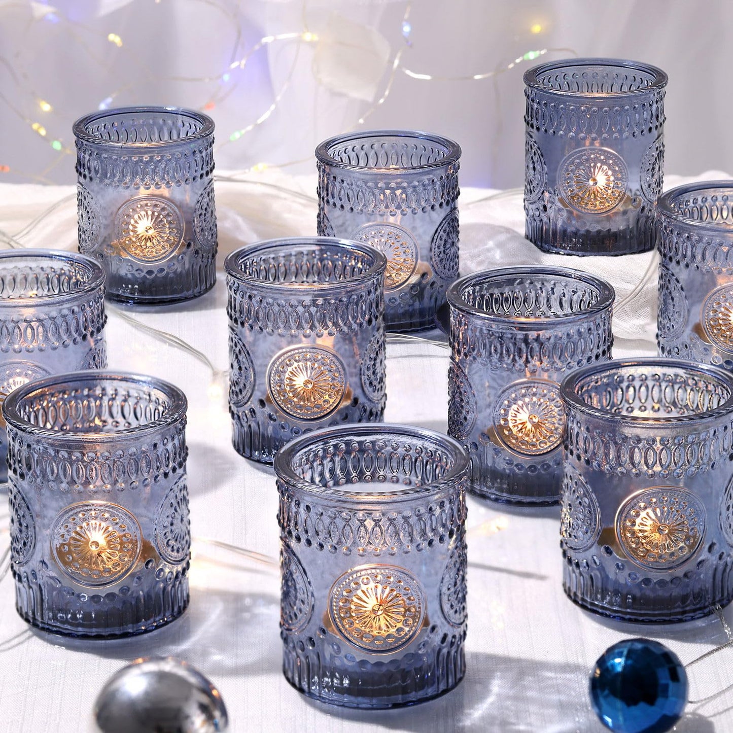 DEVI 24pcs Navy Blue Votive Candle Holders for Table Centerpieces, Blue Tealight Candle Holder for Bridal Shower Decorations, Boho Wedding Decorations for Home Party, Blue Sunflower Decor