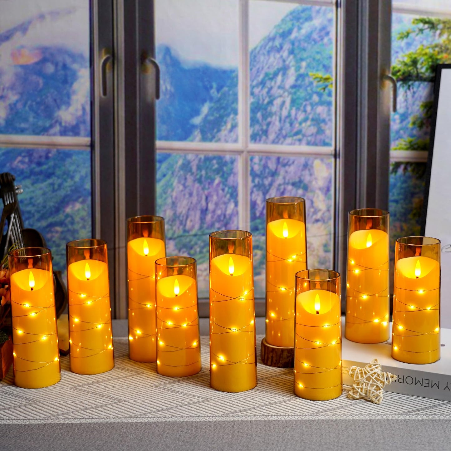 Eebuss Flameless Candles with Embedded Star String, Battery Operated LED Pillar Candles with Timer and Remote Control,Home Decorating for Ambiance， Set of 9 (Gold)