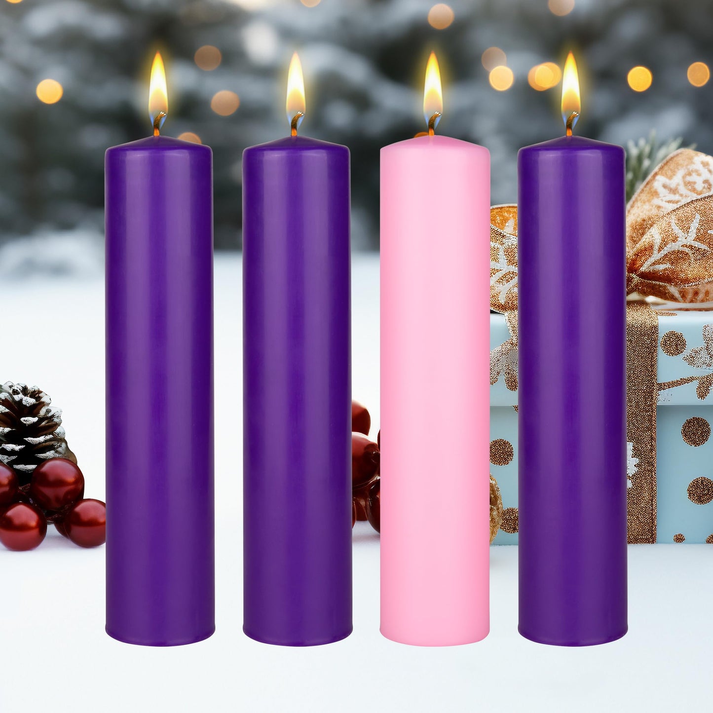 Mega Candles 4 pcs Unscented Christmas Advent Candles Set, Hand Poured Premium Wax Dome Top Round Pillar Candle 2 Inch x 9 Inch, Holidays, Festivities, Devotional, Church, Wreath, Party, Gifts