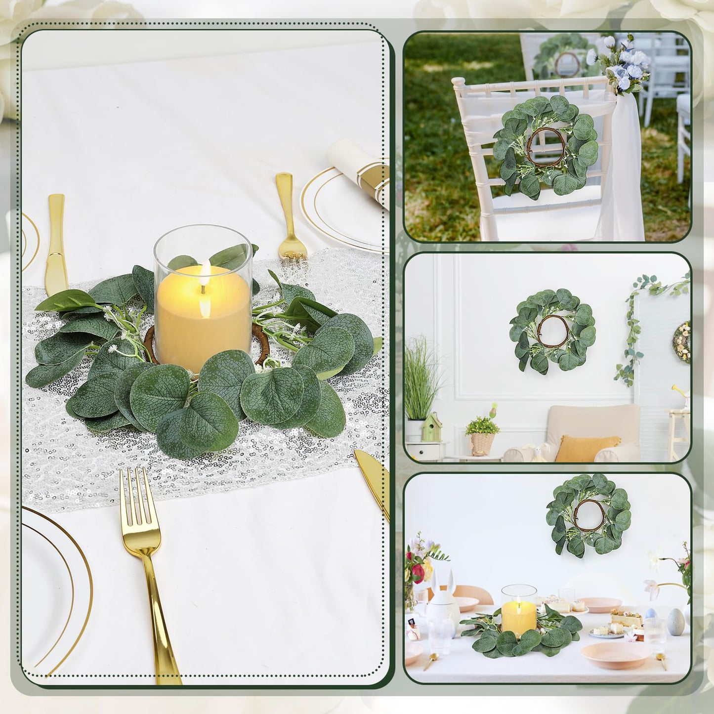 Tobilu 4 Pcs Candle Rings Wreaths with LED Candles - Eucalyptus Candle Rings Greenery Artificial Eucalyptus Leaves Pillar Holder for Wedding Centerpieces Home Table Party Decor