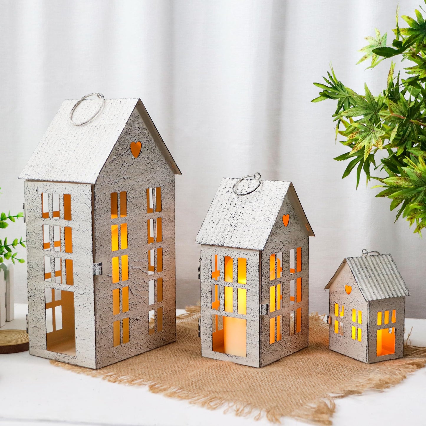 TRIROCKS 3 Pcs Decorative Mantel Shelf Tea Light Lanterns 13.5"&9.5"&5.5" H Village Farmhouse House Candle Holders for Home Decor Patio Wedding Parties Ornaments Indoors Outdoors(Cream White)