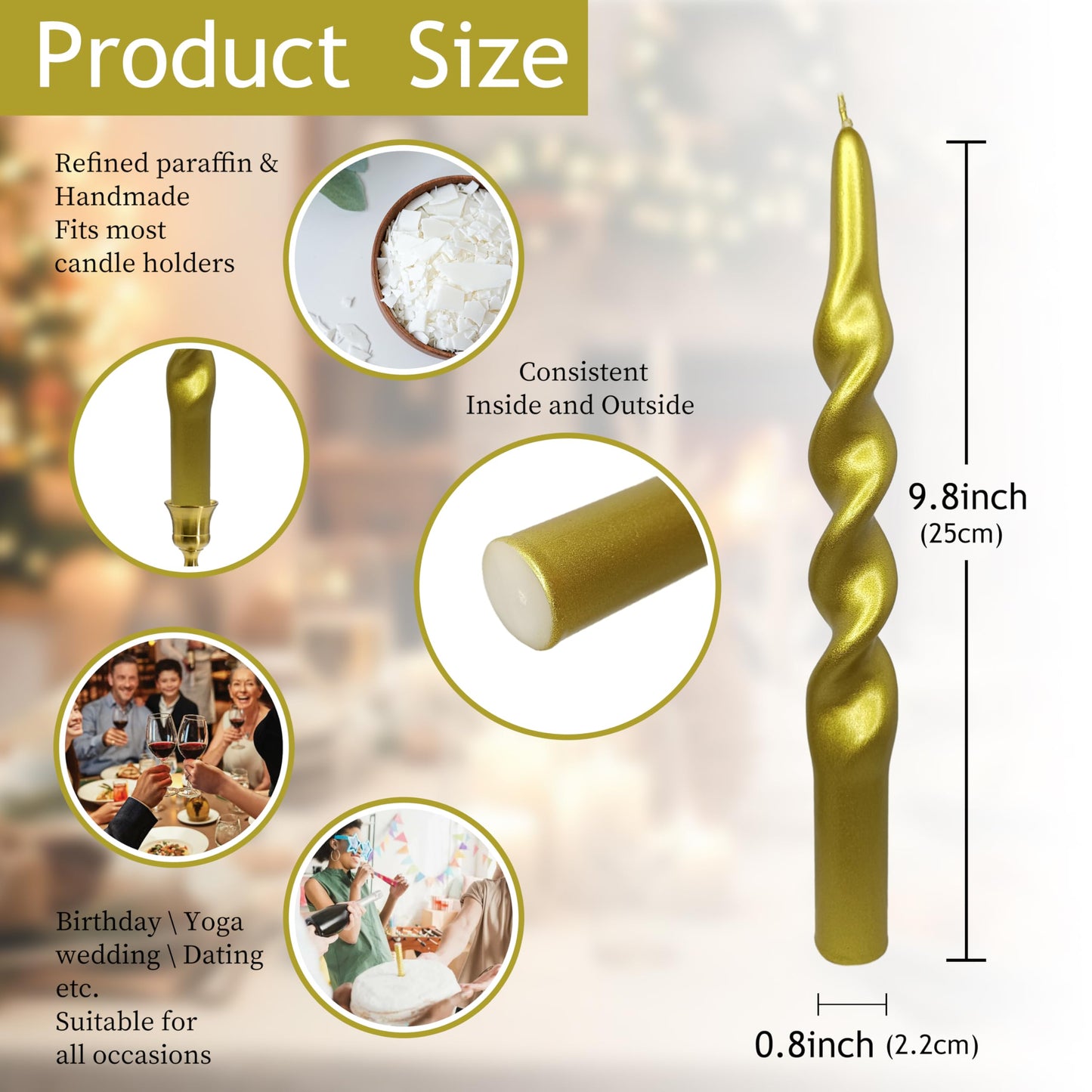Metallic Twisted Taper Candles Set of 2 10 Inch Christmas Twisted Long Golden Candles for Halloween Christmas Home Dinner Party Wedding