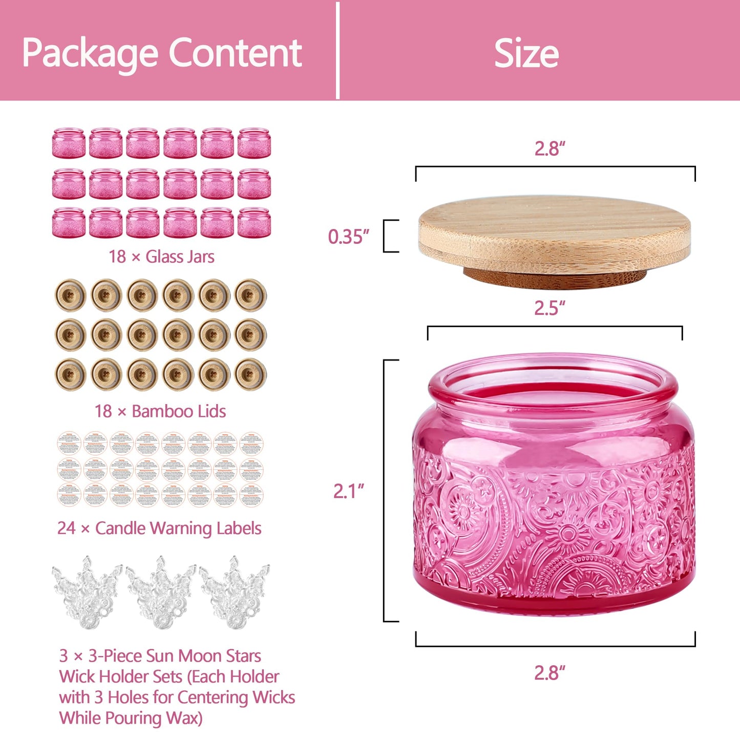 18-Pack 4oz Embossed Glass Candle Container with Bamboo Lids and Labels, Pink Candle Jars for Making Candles, Sun Moon Star Design