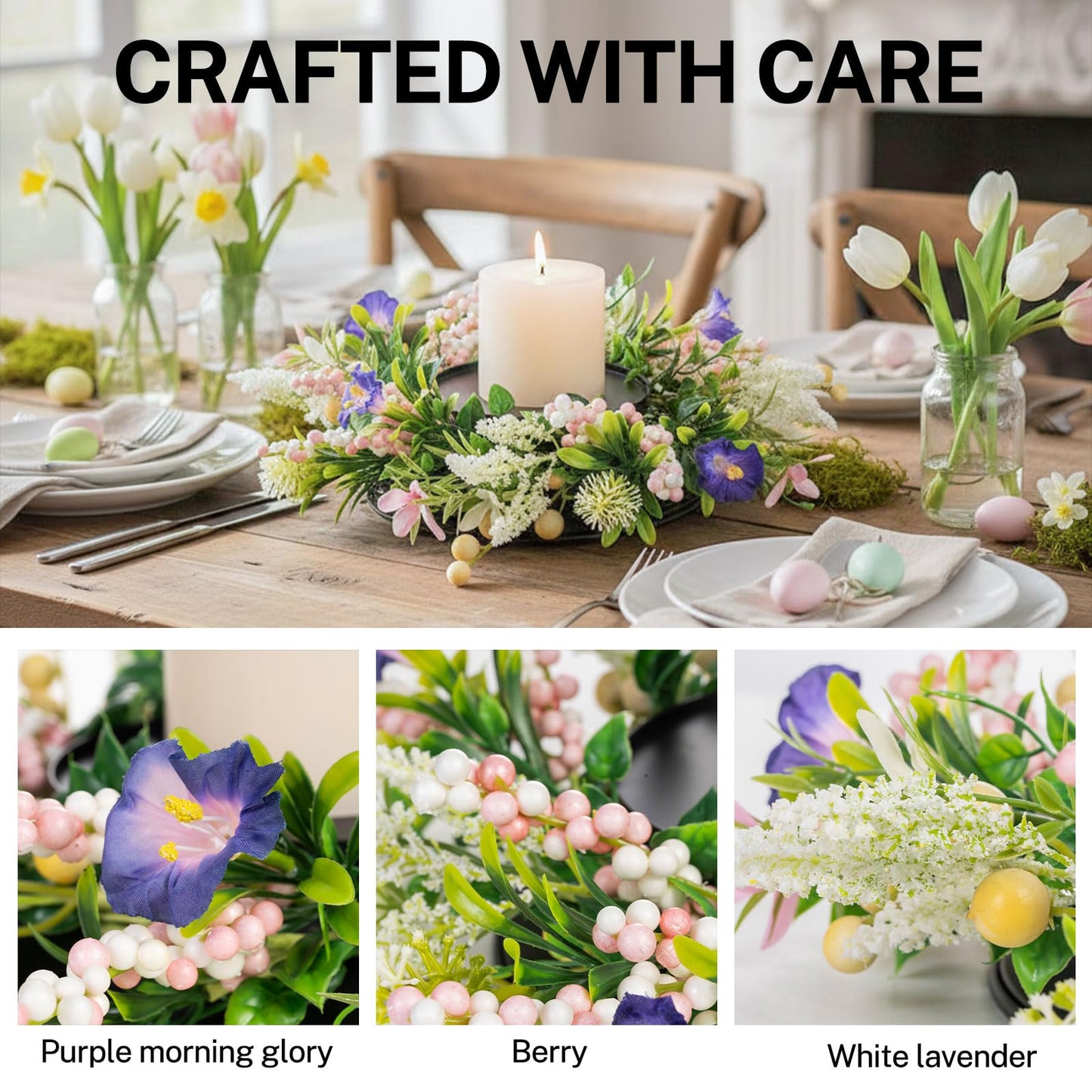 MOYEE Spring Candle Holder Centerpieces for Tables,Candle Ring, Black Metal Candlestick with an Artificial Wreath 14 in Versatile Dining Table Centrepiece (Purple Trumpet Flower Wreath)