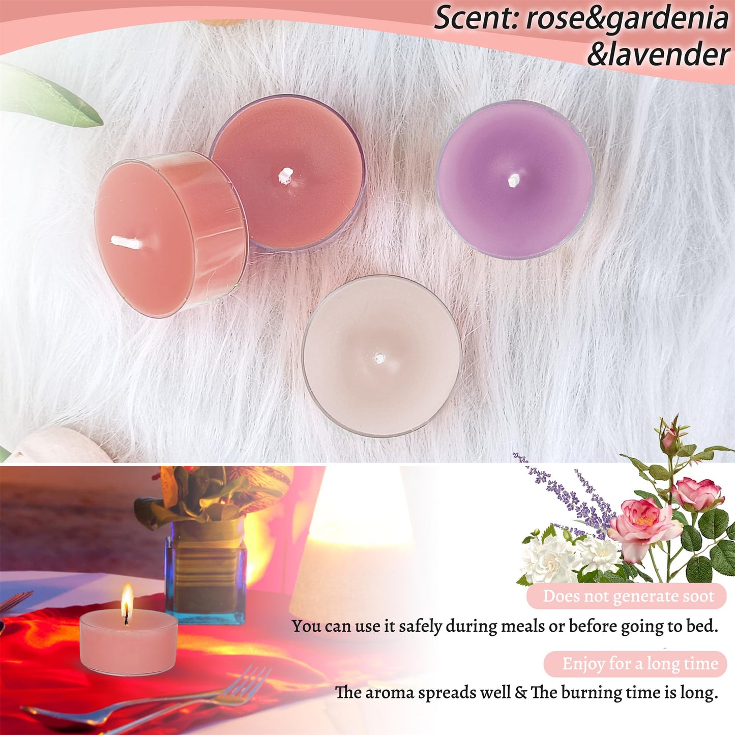 Gedengni Candlesticks Scented Tealight Candles,24pcs Handmade Round Tea Light Candles Rose Scent Wax Tealight Candle Smokeless Candle Stciks for Spa Home Decor Women Gifts (T01-24S-RDGRL)