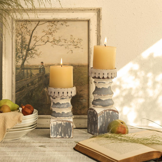 NIKKY HOME Farmhouse Pillar Candle Holder Set of 2 - Rustic Wood Decorative Candlesticks Pedestal, Centerpieces Decor for Fireplace Mantle Coffee Bar Dining Table, Distressed Grey