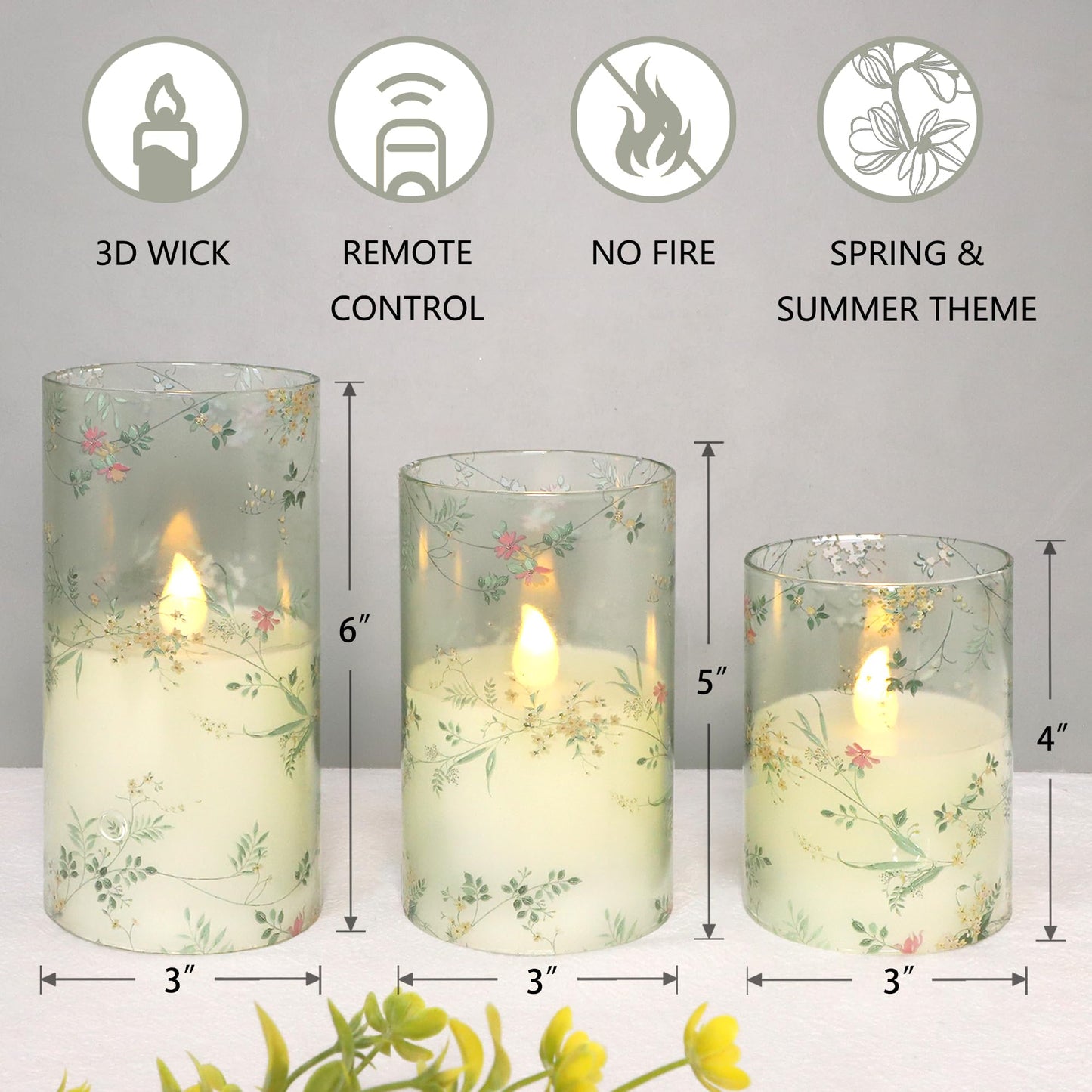 FLAVCHARM Glass Flameless Candles Flickering Battery Operated LED Pillar Candles Set of 3 with Timer and and 10-Key Remote Green Branch Floral Spring Summer Theme for Wedding Festival Home Decoration